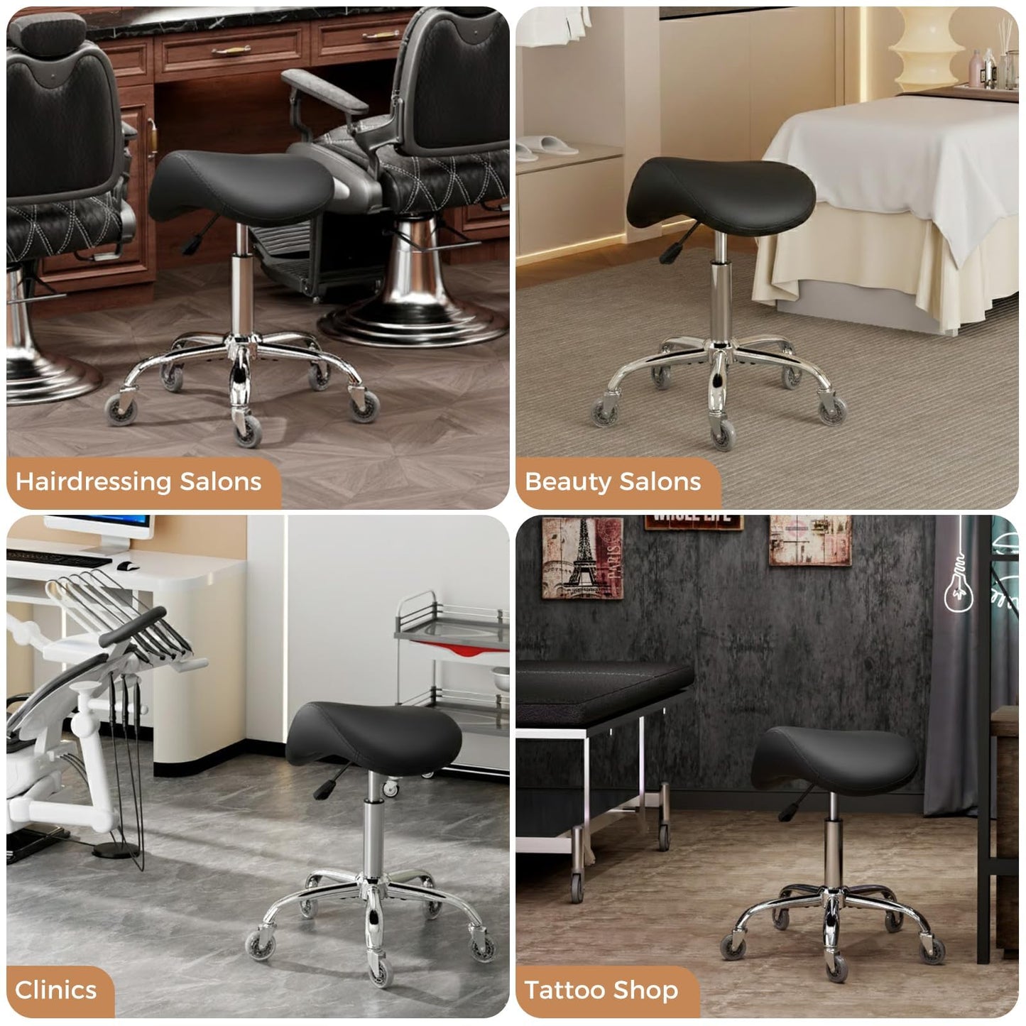 BEWISHOME Ergonomic Saddle Stool, Height-Adjustable Rolling 360° Swivel Saddle Chair with Thickened Saddle Seat Padding, Saddle Stool with Wheels for Salons, Spas, Office, Black BMD02B