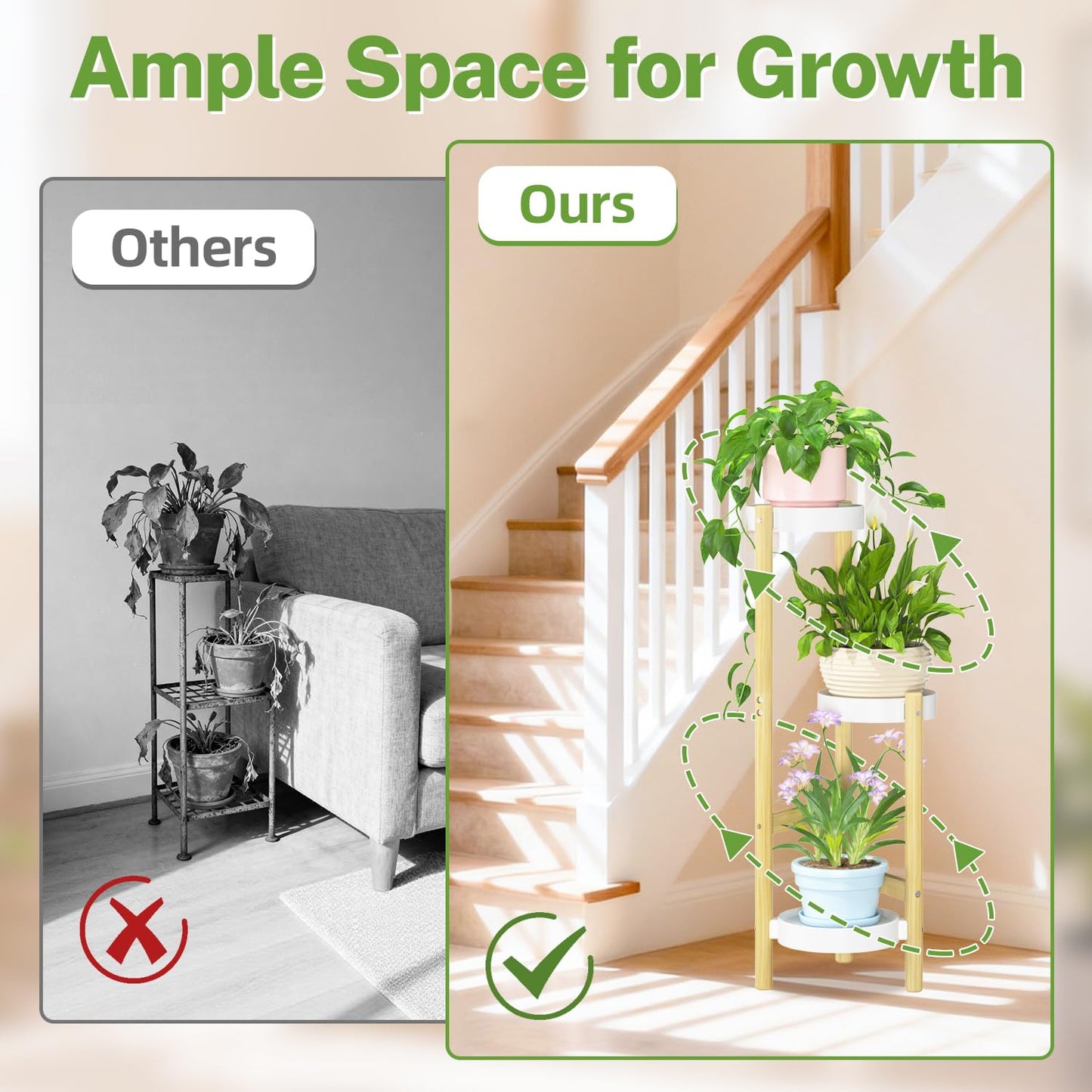 iDavosic.ly 3 Tier Bamboo Plant Stand Indoor Outdoor with Plastic Tray, Tiered Corner Flower Holder Shelf, Space Saving Orchid Display Rack for Patio Porch Living Room Garden Balcony, Natural White
