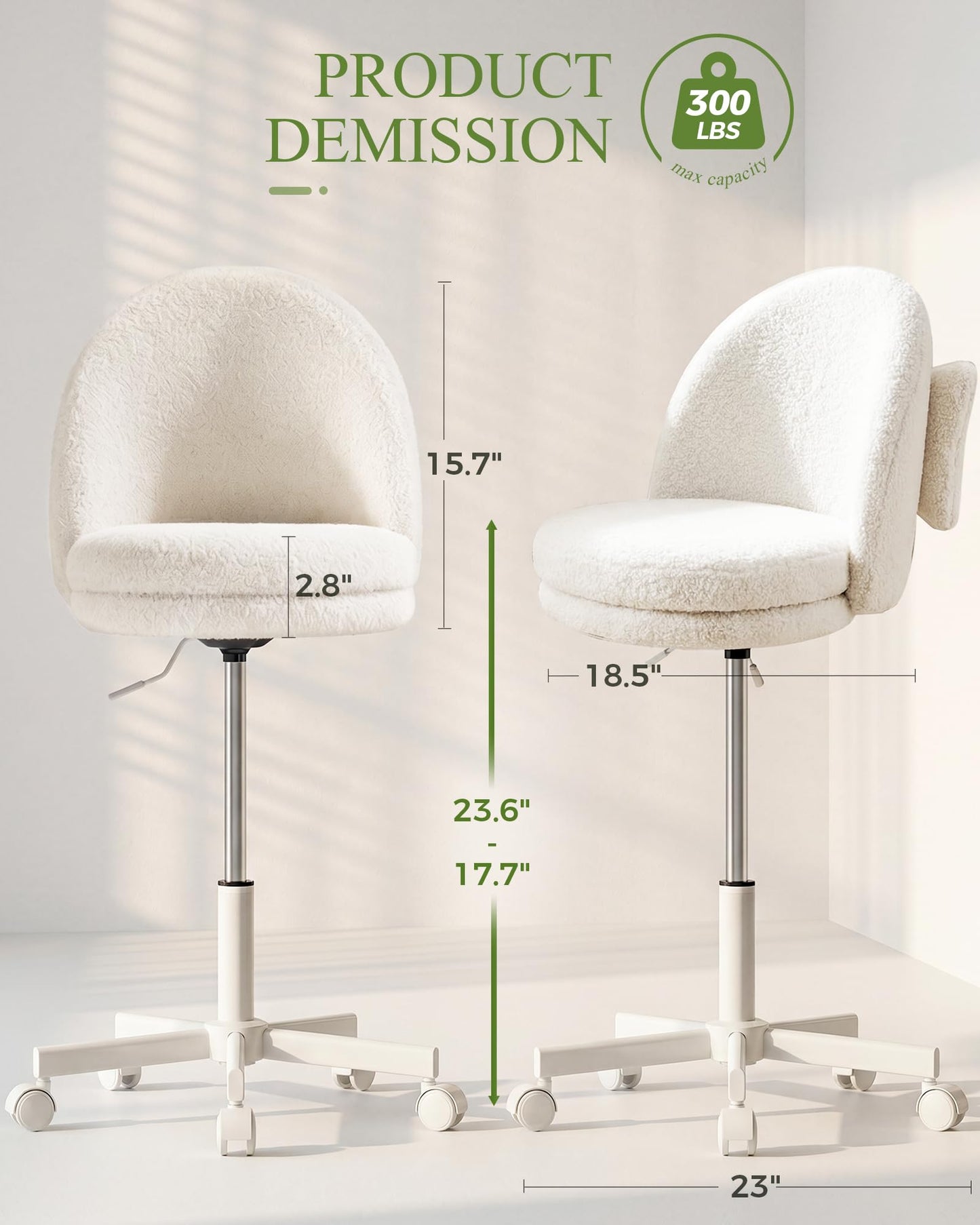 GTPOFFICE Vanity Chair with Back, Adjustable Tall Office Chair High Swivel Bar Stools Fluffy Cute Desk Chair Comfy with Wheels Bow Pillow Armlees for Adults Standing Desk Bar, Teddy Velvet, White