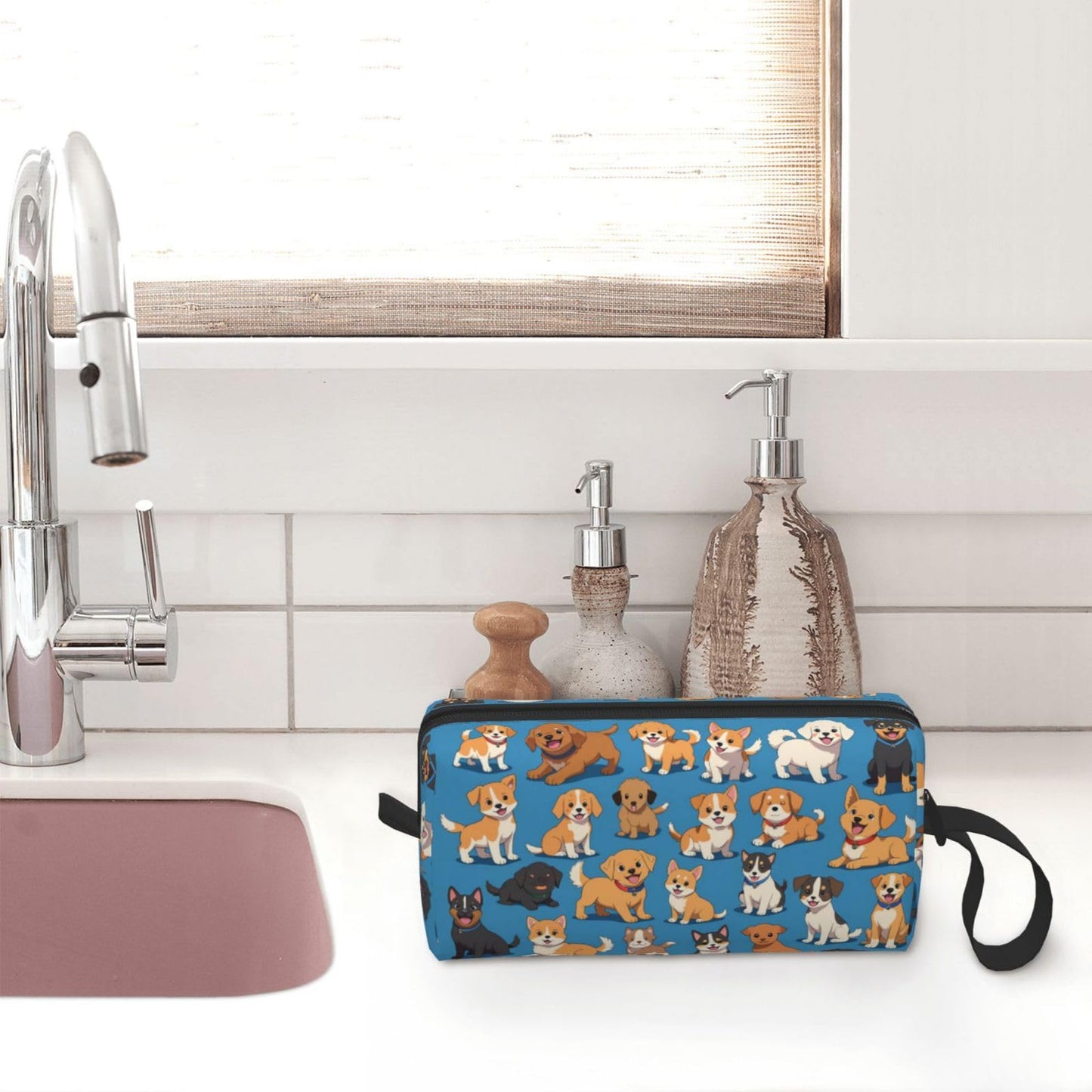 OLUSENMO Adorable Dogs Makeup Bag Small Compact & Durable Puppy Travel Cosmetic Bag Organizer 600D Oxford Fabric Multi-Purpose Storage Perfect for Travel, Gym, Daily Use