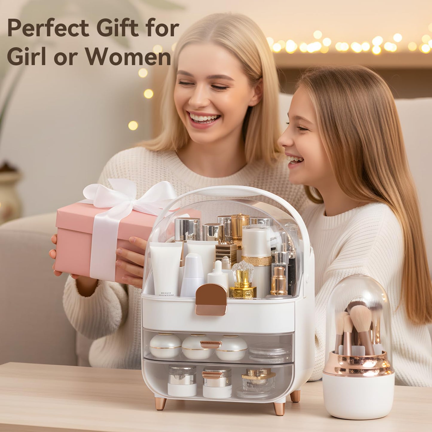 Makeup Organizer Countertop, Skincare Bathroom Counter Organizer, Storage Box Cosmetic Display Cases, Teen Girl Gifts Trendy Stuff Make up Organizers for Vanity, Dresser (Rose Gold)