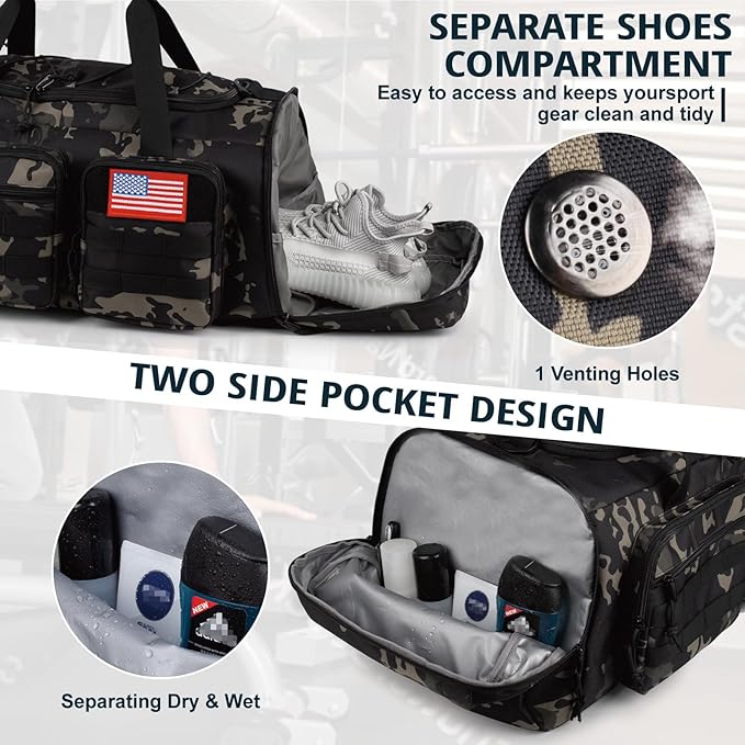 Tactical Gym Bag for Men,70L Large 3 in 1 Sports Duffle Bag with Shoes Compartment for Travel,Water Resistant Travel Backpack Weekender Overnight Bag with Wet Pocket for Women