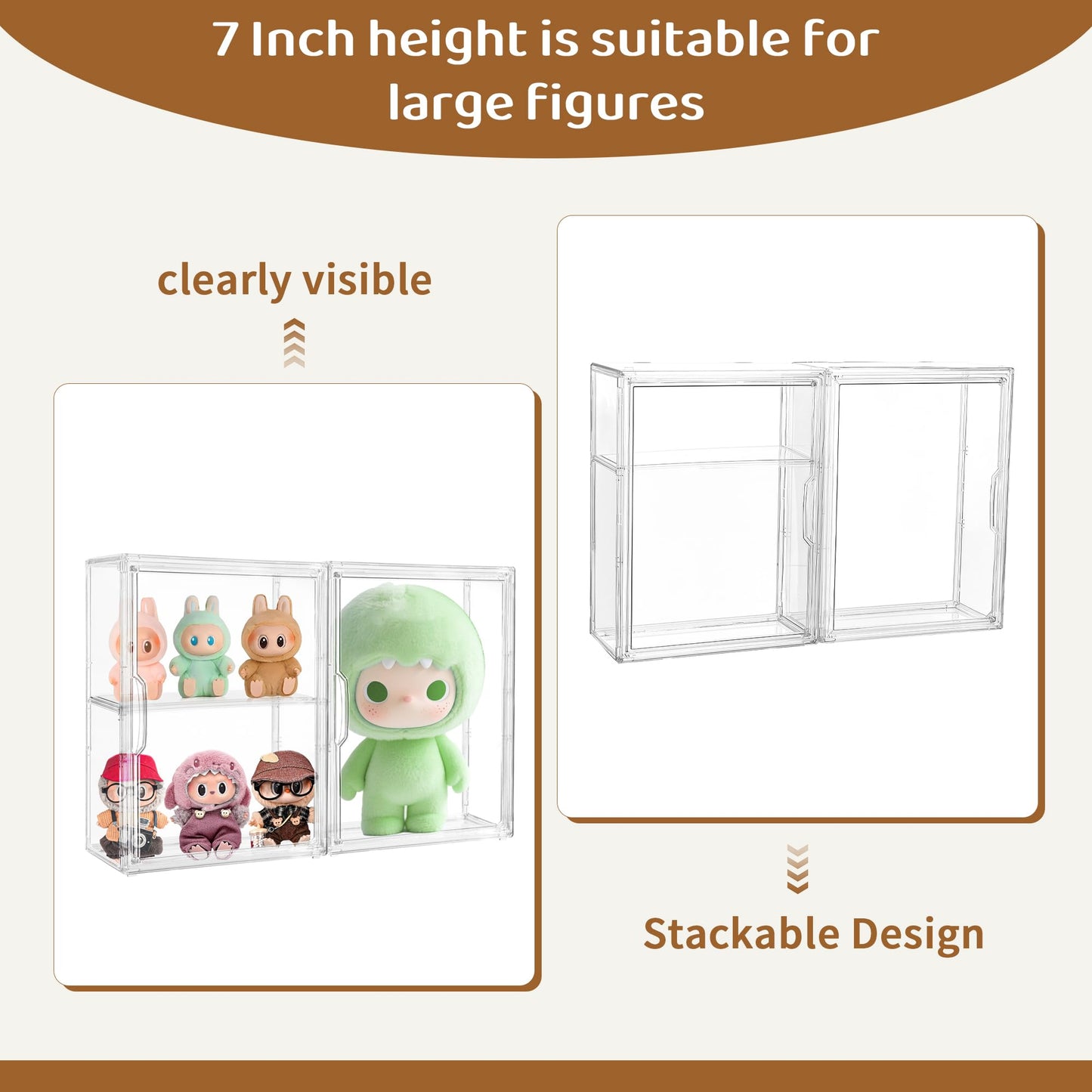 Acrylic Display Case Compatible with Labubu POP MART, 2 Pack Clear Display Cases for Figure Collectibles, Stackable Display Box with Magnetic Door