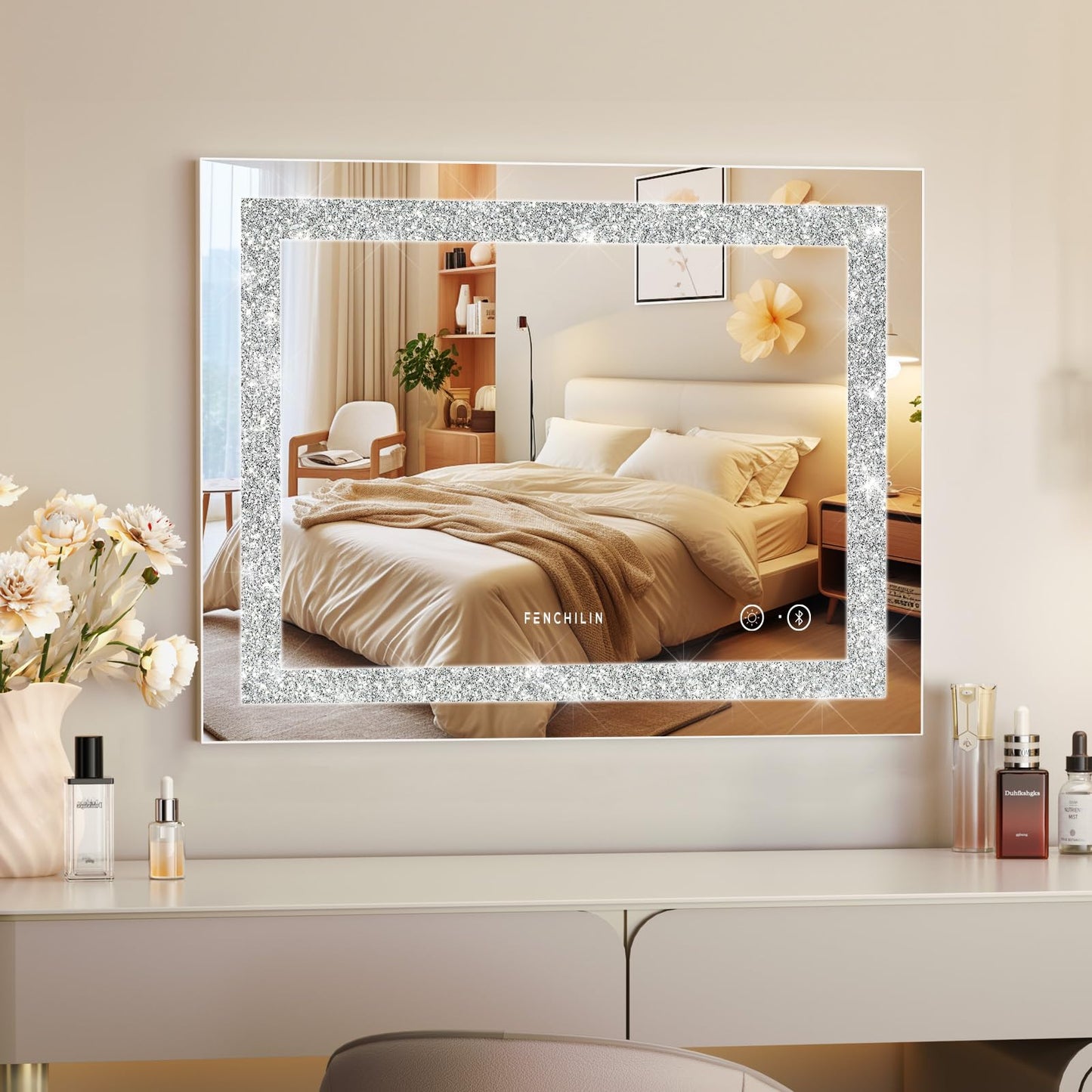 FENCHILIN Vanity Mirror with Lights 23” x 18” Hollywood Makeup Mirror with Light Strip Smart Touch Control 3 Colors Dimmable & 10X Magnification Tabletop White
