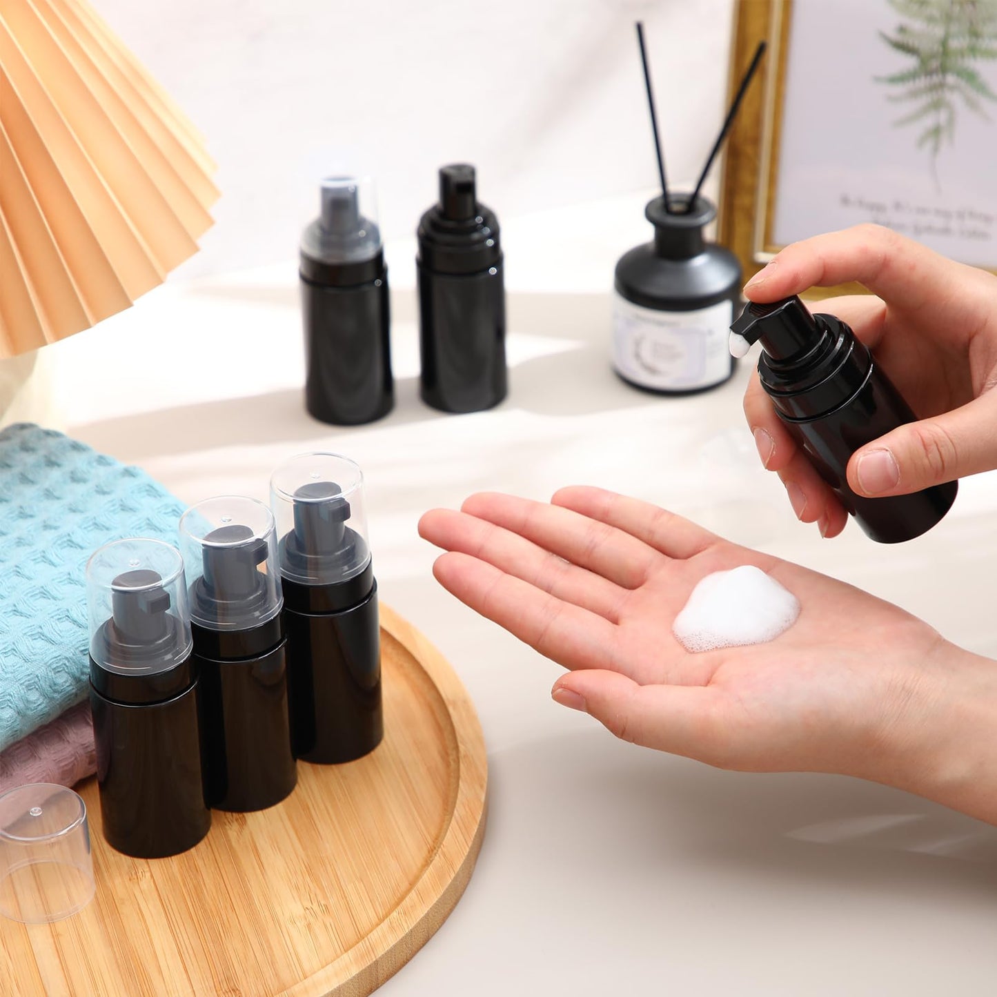 Teenyyou 50 Pcs 1oz/30ml Foam Pump Bottles Mini Empty Travel Foaming Bottles Plastic Refillable Dispenser for Lash Shampoo Hand Soap Cosmetics Portable Travel Pack(Black)