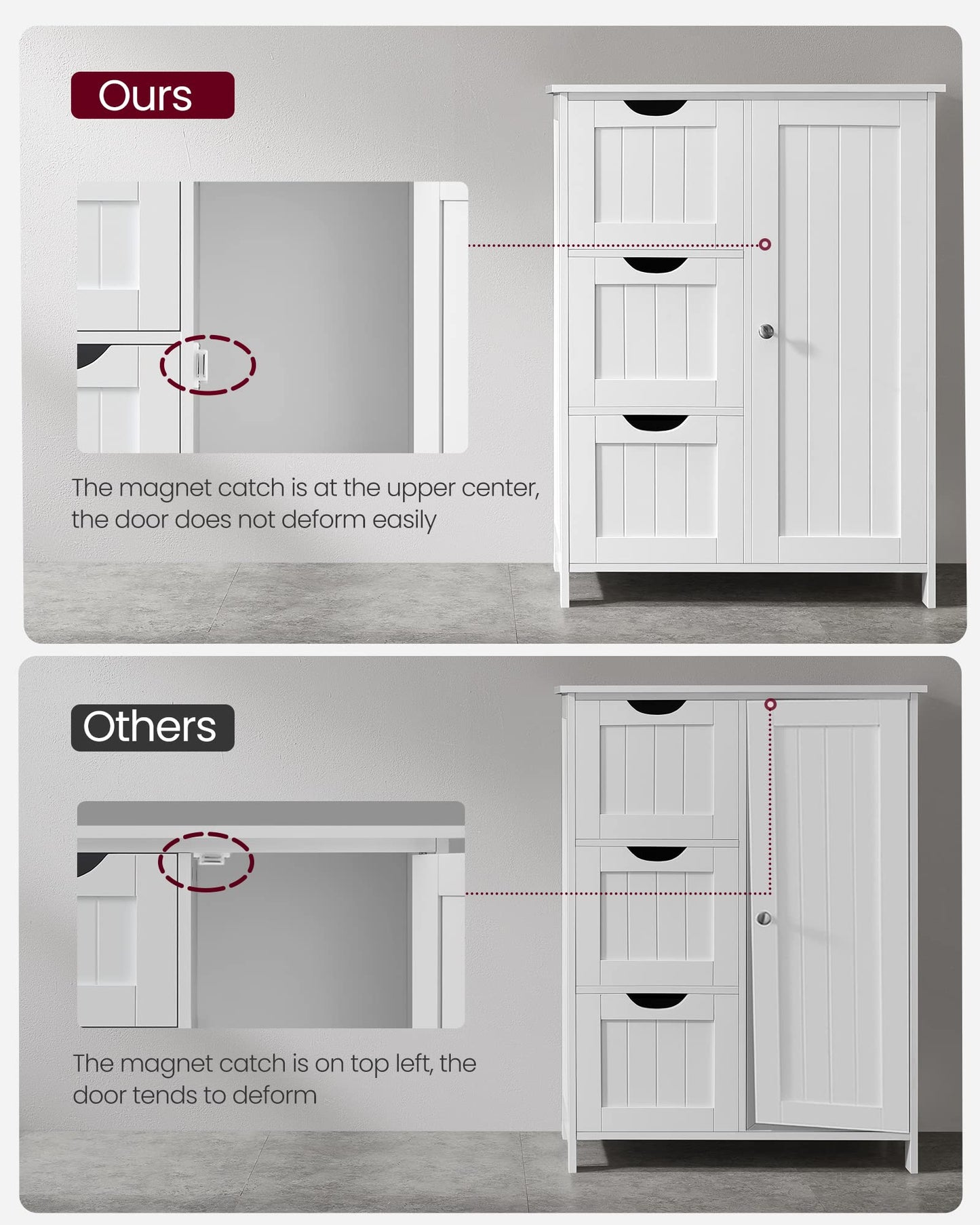 VASAGLE Floor Storage Cabinet, Freestanding Storage Unit with 3 Drawers, 1 Adjustable Shelf, for Bathroom Living Room Dining Kitchen, 11.8 x 23.6 x 31.5 Inches, Cloud White UBBC049WH01S