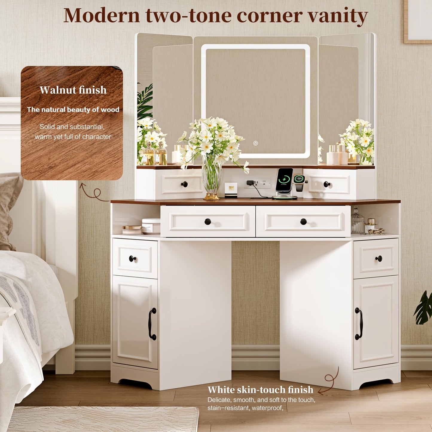 GRUTEUNIT Corner Vanity Desk with Mirror and Lights,Makeup Vanities with Power Outlet and 6 Drawers, 3 Light Settings, Dimmable for Women Girls, Bedroom, White