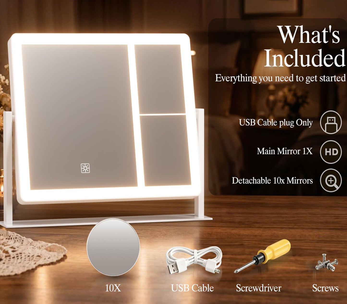 DEXHOM Makeup Mirror, Vanity Mirror with Lights, 1X/3X/5X/10X Magnification, Touch Control, Mothers Day, Birthday Gifts for Mom,Women,Girls, Dorm Room Essentials 14.1" W x 11" L (96 LED)
