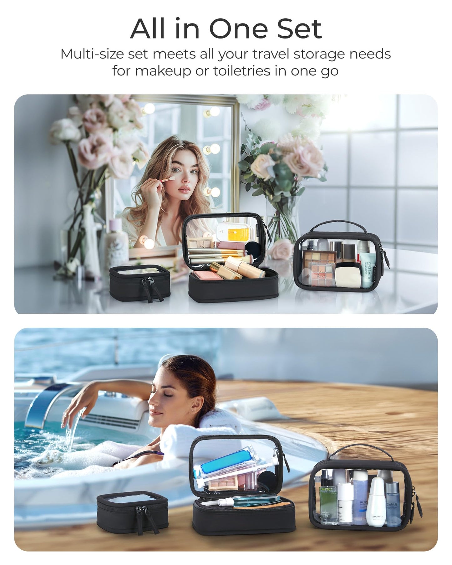 BAGSMART Double Layer Clear Makeup Bag, TSA-Approved Toiletry Bag, Large Opening with Handle, Cute Water-Resistant Travel Cosmetic Bag with Double Zipper for Car Essentials(Black)