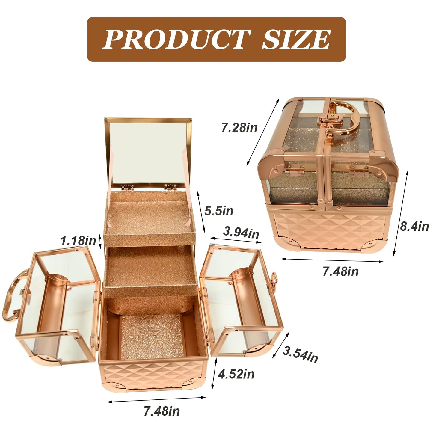 VETALLO Makeup Train Case Travel - Portable Cosmetic Storage Organizer Box Adjustable With 2 Trays, With Lock And Compartments,8.4 Inch Gold