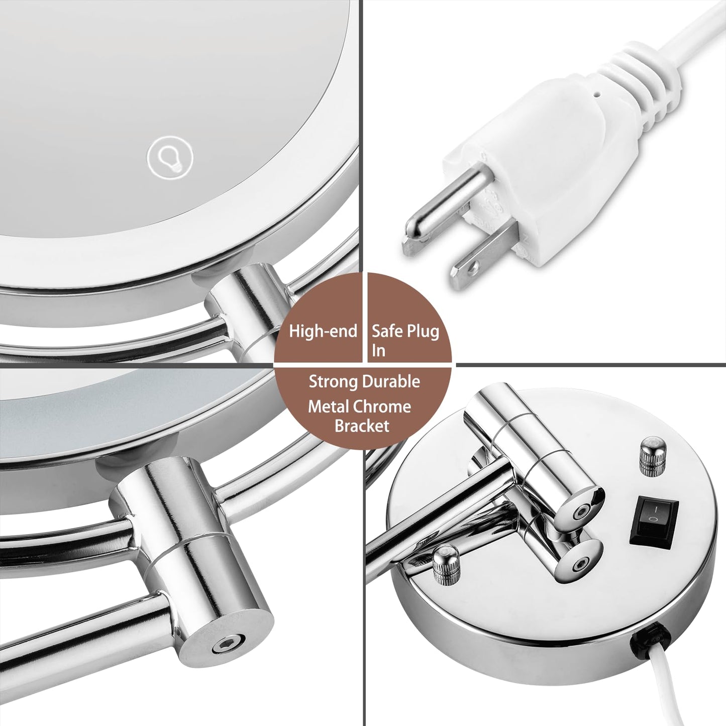 AMZNEVO Wall Mounted Makeup Mirror with Magnification, 8" 1X/10X Magnifying Mirror Wall Mounted for Bathroom, 3 Color Light, Touch Dimmable, 360° Swivel, Extendable Arm, 2-Sided, Plug-in & Hardwire