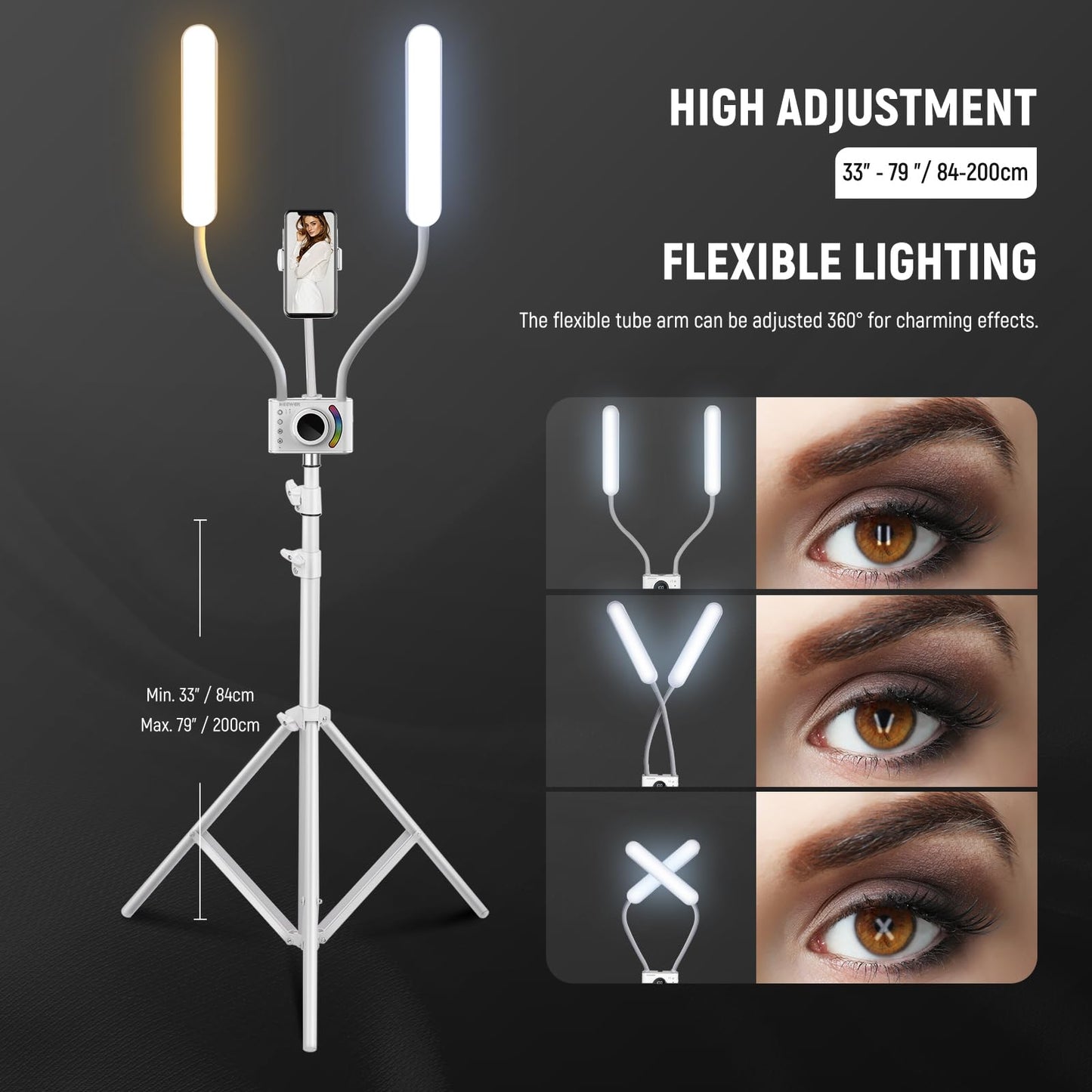 NEEWER RGB Esthetician Light Kit Upgraded with Phone APP Control/Touch Bar, Separate Control Dual Arm LED Video Light w Phone Holder/Stand/Travel Bag, 2500K-10000K 18 Scenes for Tattoo Lash, BH40C