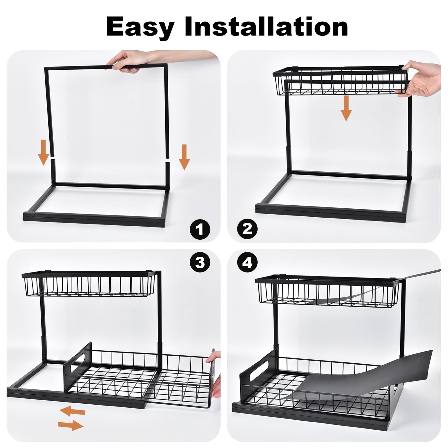 REALINN Under Sink Organizer, Pull Out Cabinet Organizer, 2 Tier Metal Slide Out Shelf with L Shaped Design for Kitchen, Bathroom, Laundry, and Utility Cabinet Storage for Deep Cabinets, Black, 1 Pack