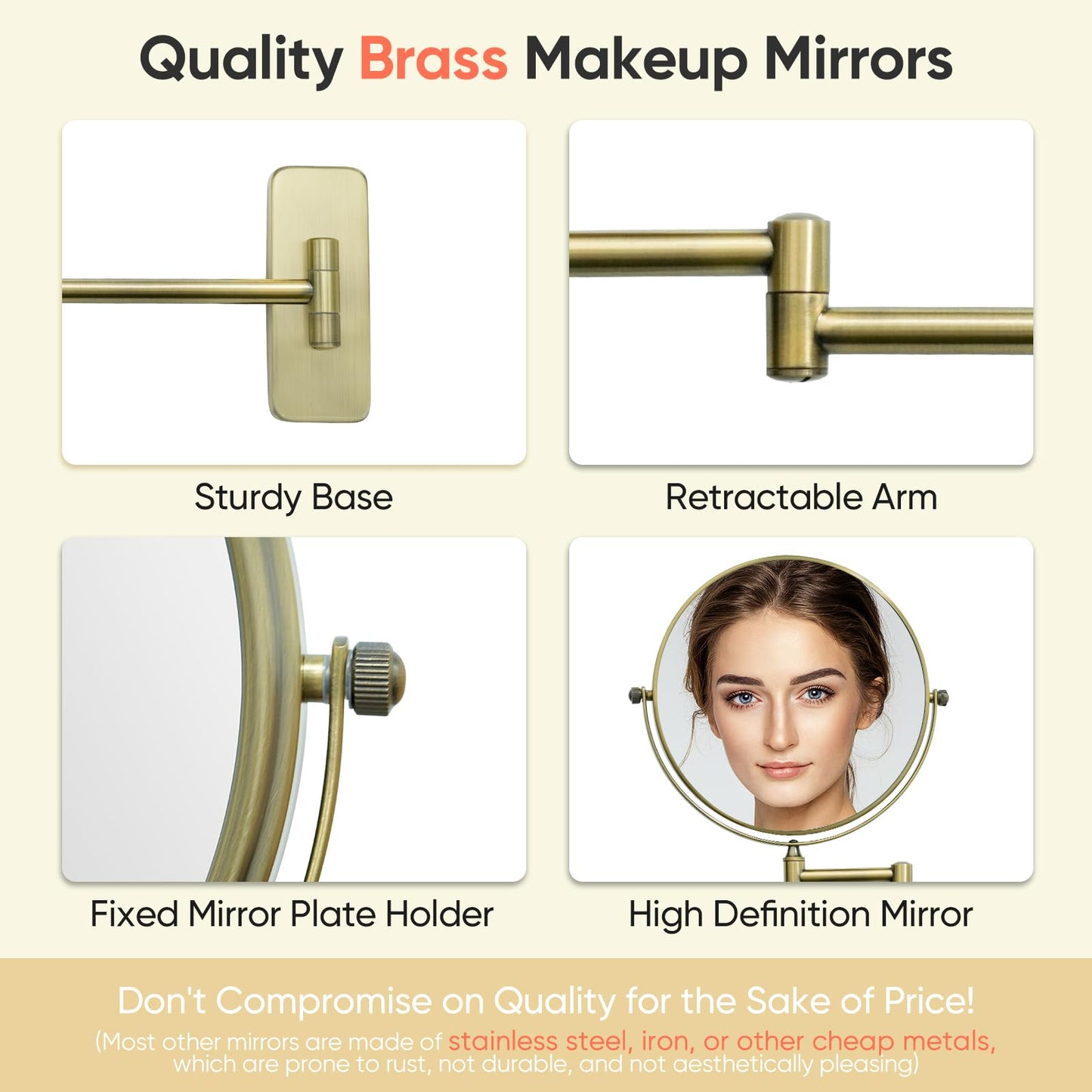 GURUN 8-Inch Double-Sided Wall Mount Makeup Mirrors with 10x Magnification Bathroom Mirror for Hotel Antique Satin Brass Finished M1406K(8in,10X), Gifts for Mom, Mothers Day, Women
