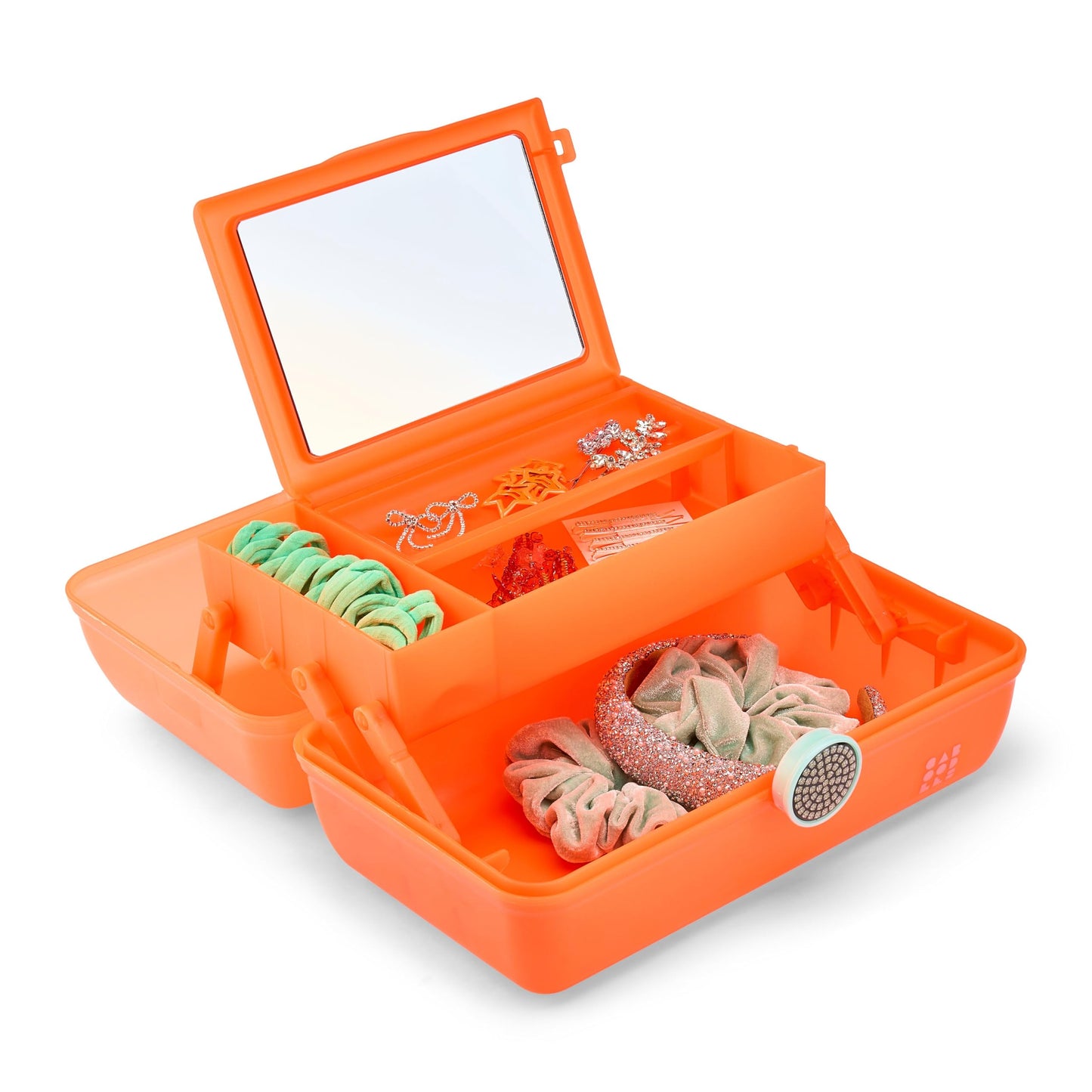 Caboodles On-The-Go Girl Makeup Box, Orange Shimmer, Show Girl Collection, Hard Plastic Makeup Organizer Box, Built-In Mirror, Secure Latch for Safe Travel, Spacious Storage for Large Items