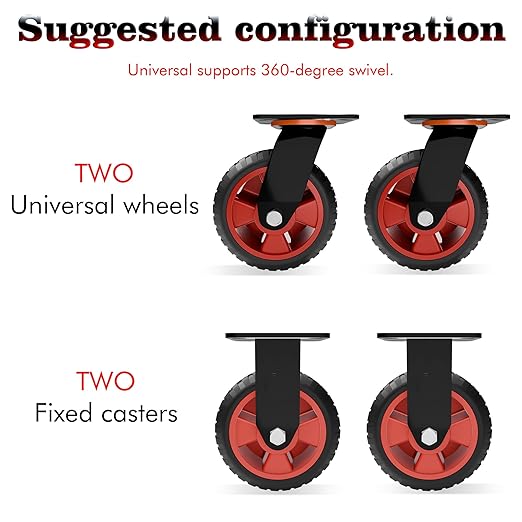 8 Inch Heavy Duty Industrial Casters,500 LBS Capacity per Caster, Set of 2 Swivel Solid Rubber Wheels for Utility Cart, Dolly,Chicken Coop,Workbench & Outdoor(no Brake)