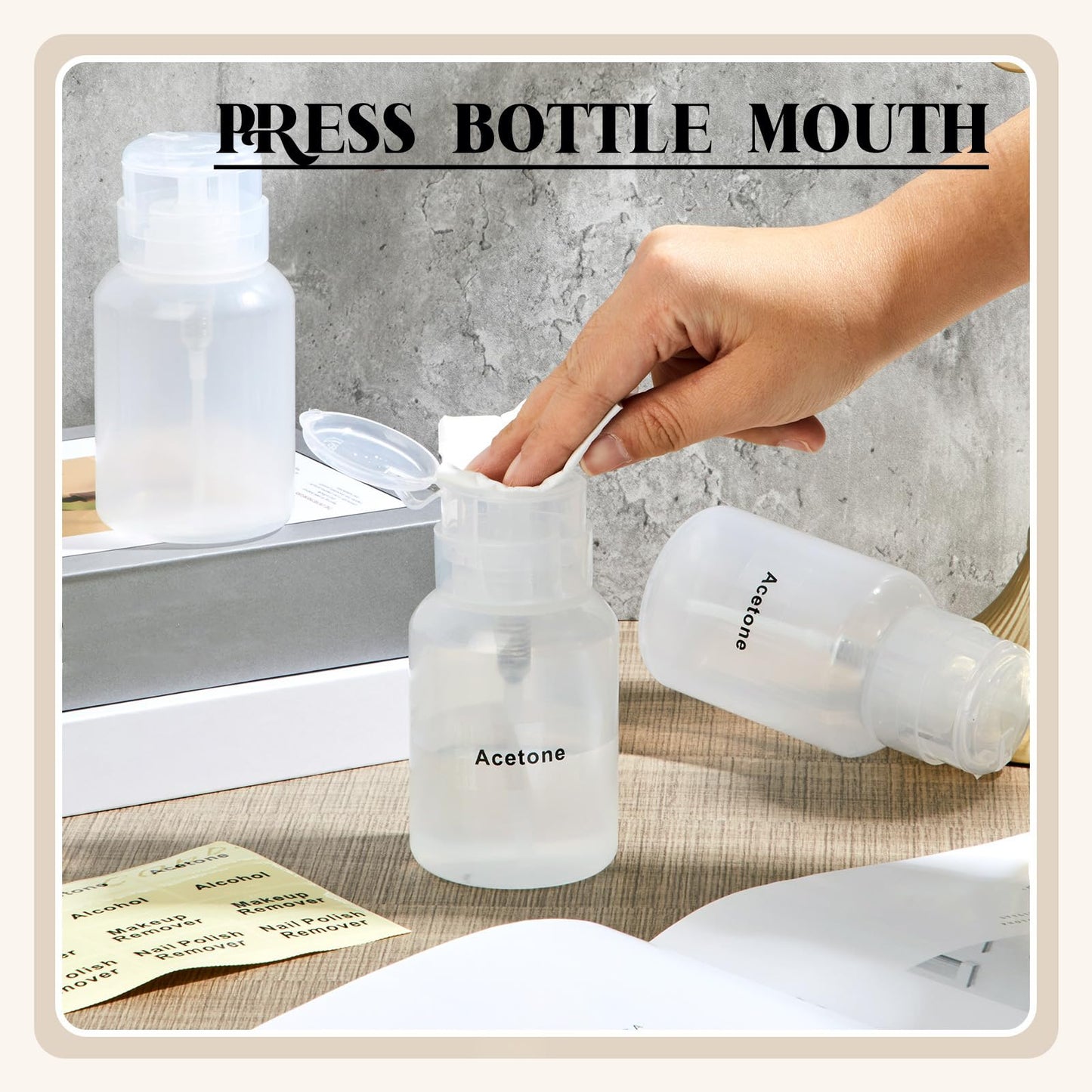 Layhit 6 Pack 6.8 oz (200ml) Push Down Lockable Pump Dispenser Bottle with Stickers, Alcohol Push Down Empty Refillable Container for Nail Polish Remover, Alcohol & Makeup Remover (Clear Top Cap)
