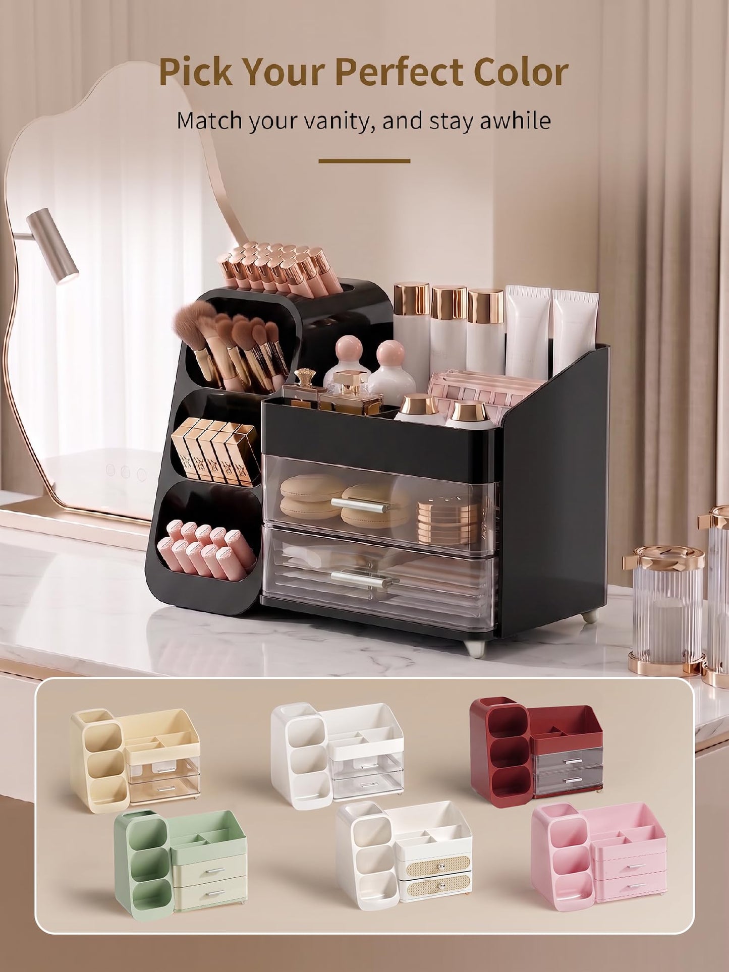 Booklov Makeup Organizer for Vanity, Large Capacity Cosmetic Display Case with Drawers, Countertop Beauty Storage Holder for Skincare, Brush Eyeliner Perfume Eyeshadow Lipsticks, Counter Desk, Black