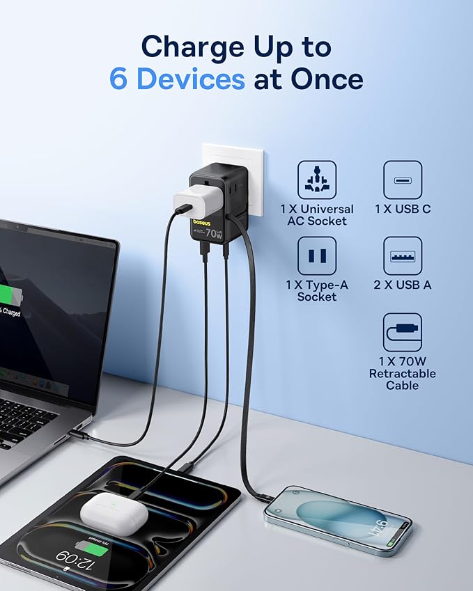 Baseus USB C Cable 100W 70W Universal Travel Adapter with Retractable Cable