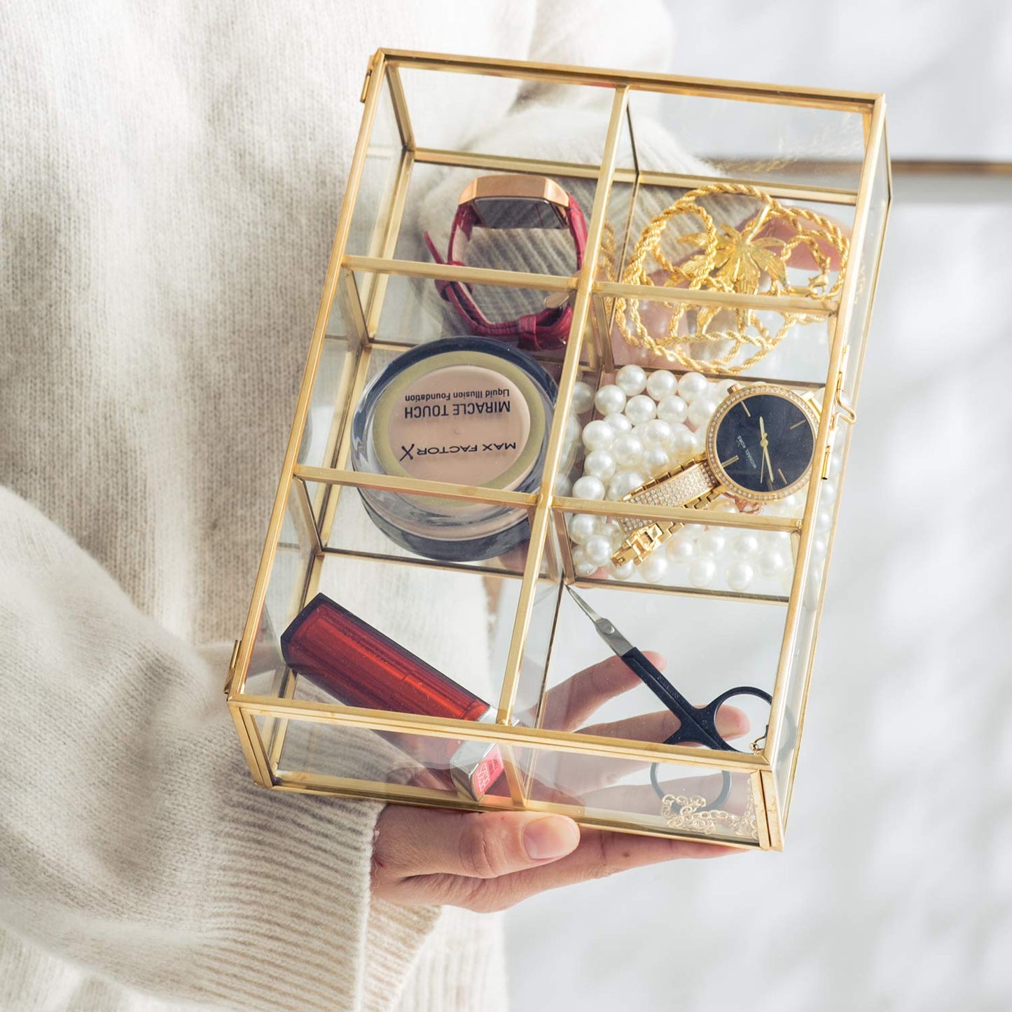 Golden Vintage Glass Box Clear Glass & Brass Metal Storage Jewelry and Cosmetic Makeup Lipstick Holder Organizer Beauty Display, 6 Compartment