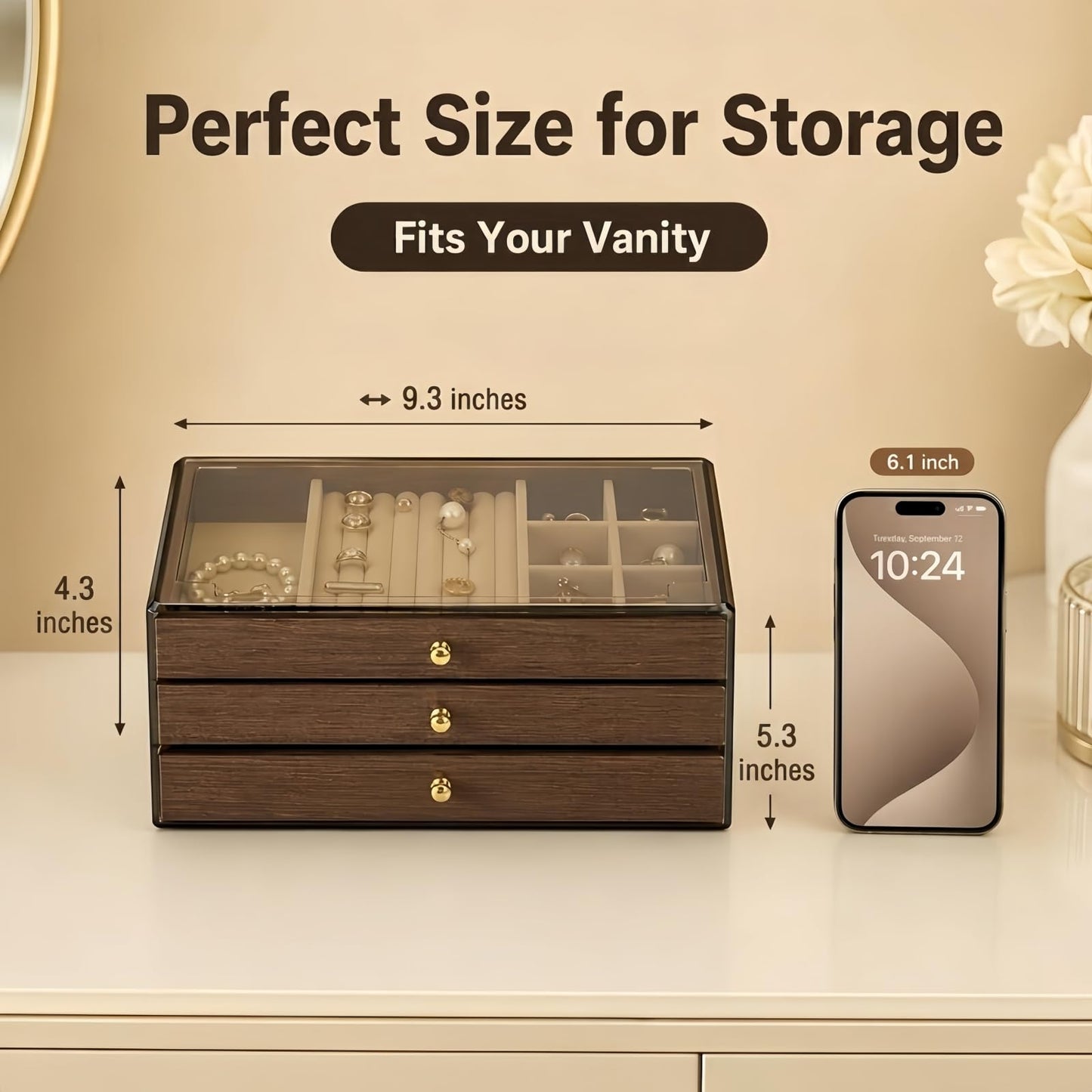 3 - Layer Wooden Drawers Jewelry Box for Women, Jewelry Organizer with Acrylic Cover & Velvet Lining - Adjustable Compartments for Earrings, Rings, Necklaces, Bracelets, Lipstick