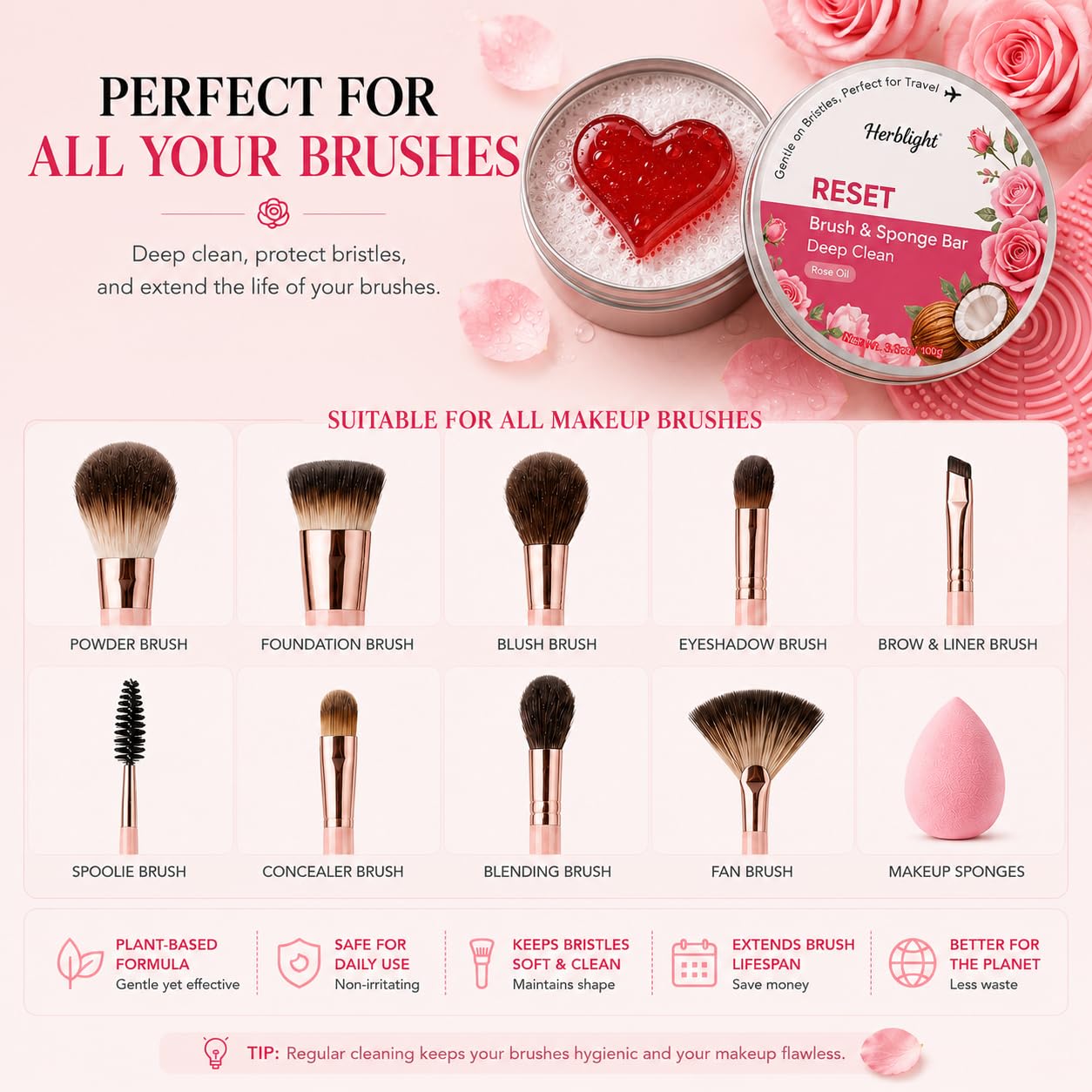 herblight Makeup Brush Cleaner Soap with Silicone Cleansing Pad- Gentle Makeup Brush Soap for Beauty Blenders, Vegan & Cruelty-Free, 3.5 oz (100g) (Pink Rose(1PC))
