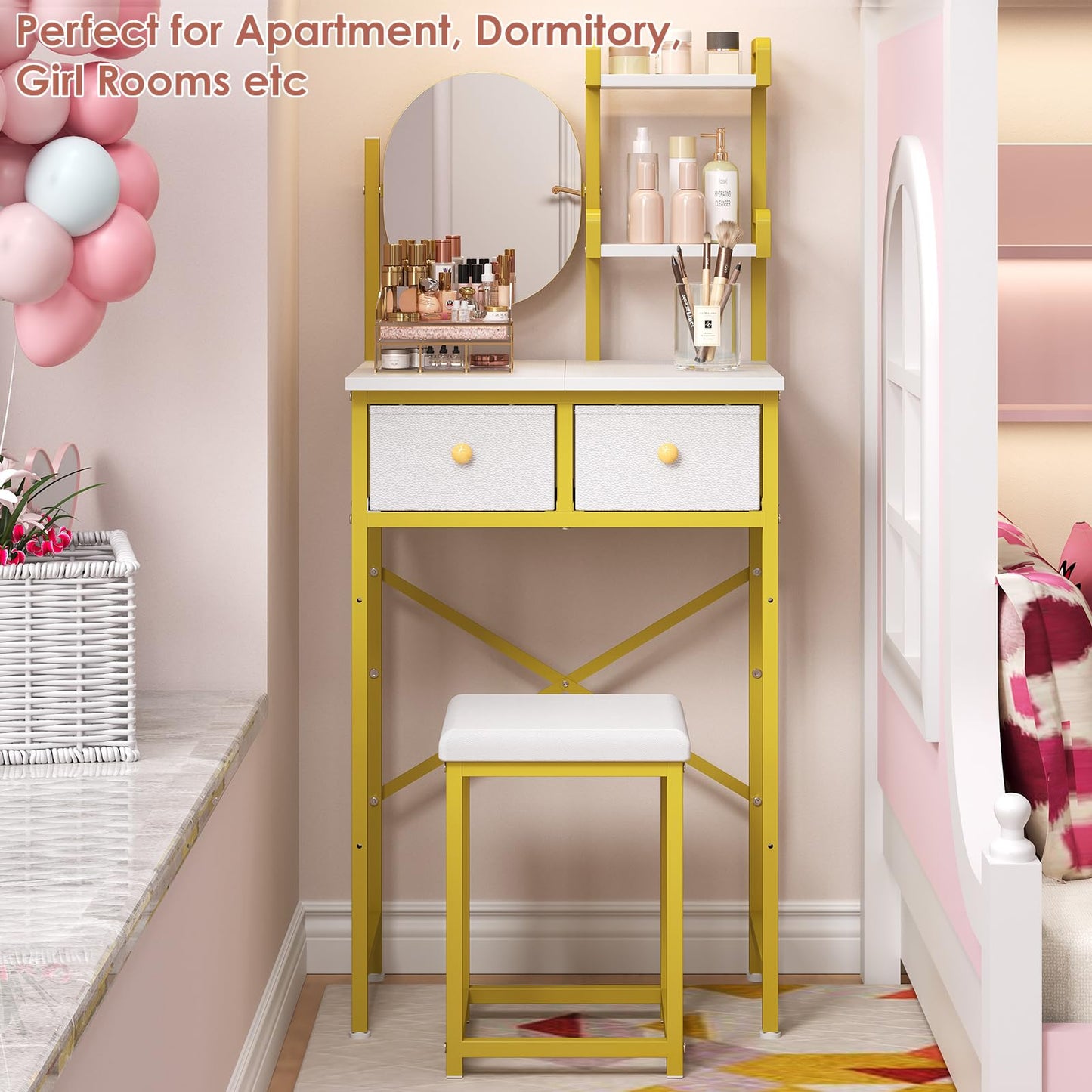 X-cosrack 19.7"W Golden Small Vanity Desk Set with Adjustable Oval Mirror & Stool for Small Space, Mini Cute Cheap Makeup Vanity Table with Opening Shelves, Drawers for Teens Kids Girls Corner Bedroom