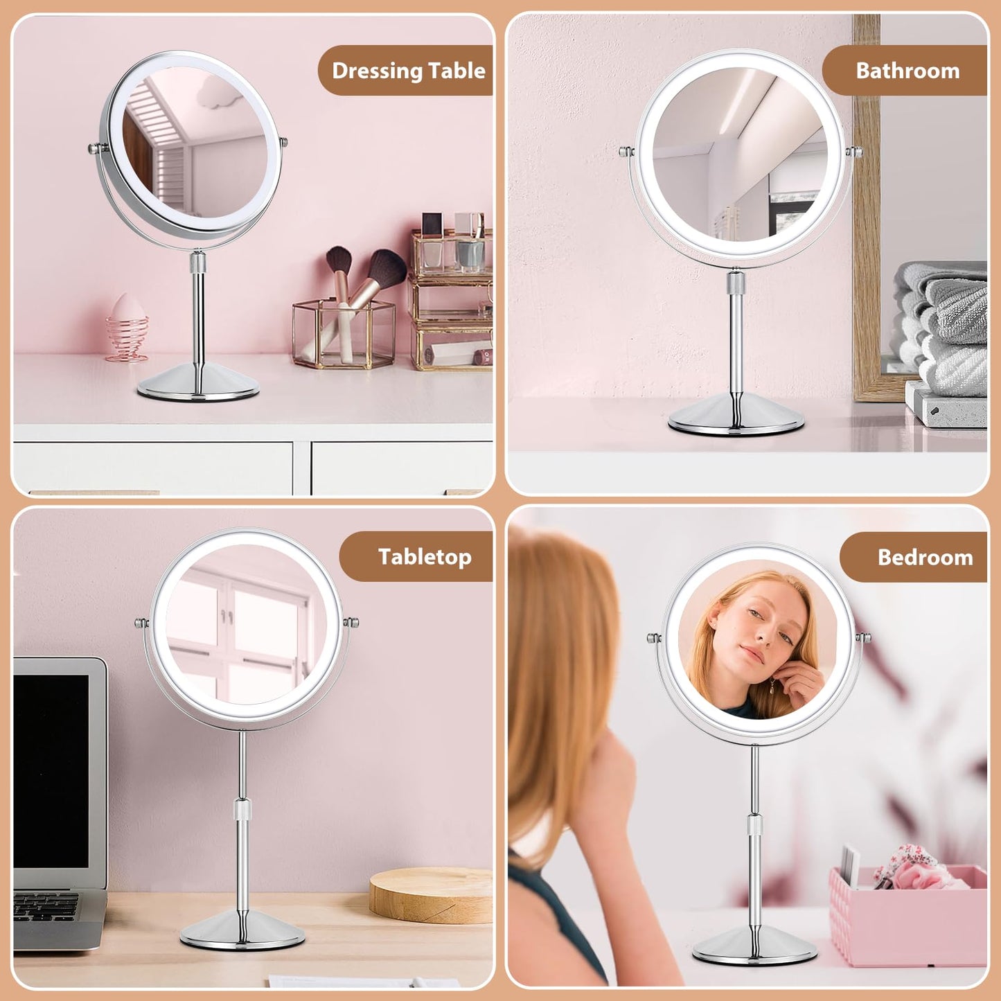 FFowcye 8" Lighted Makeup Mirror with Adjustable Height, 1X/10X Magnification, Rechargeable LED Vanity Mirror with 3 Color Modes, 360° Rotating Touch Screen, Magnifying Tabletop Cosmetic Mirror