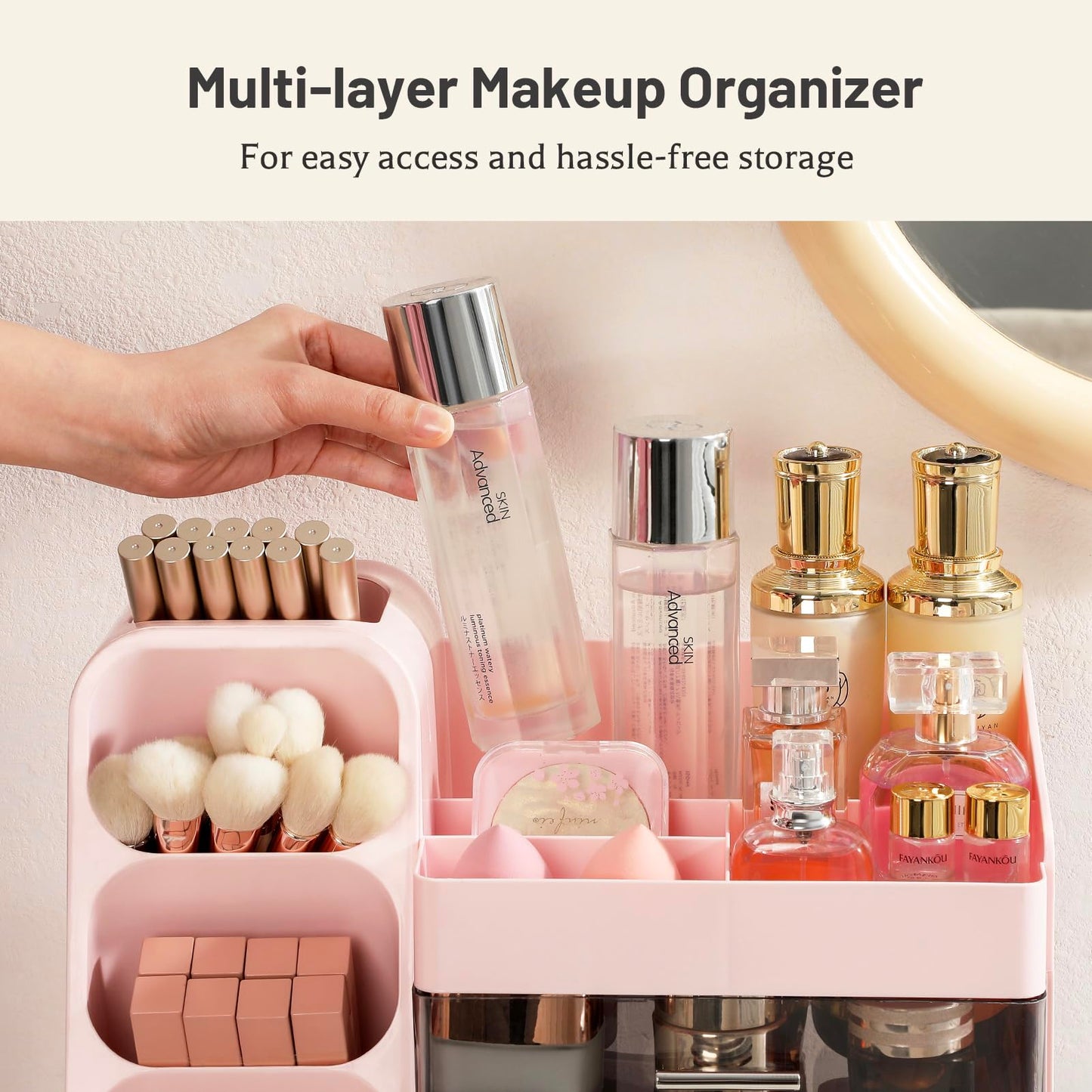 Aveniee Makeup Organizer with Drawers, Vanity Organizer for Bathroom Countertop, Large Cosmetics Skincare Display Case Desk Storage for Perfume Jewelry Lipsticks (Pink)