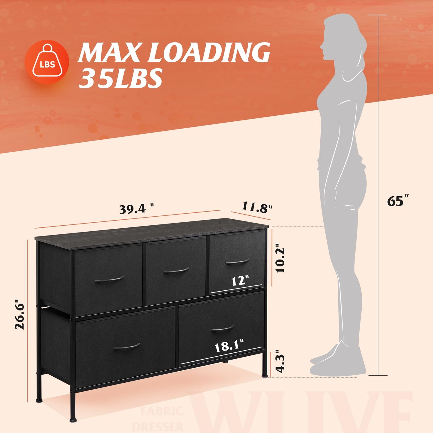 WLIVE Dresser for Bedroom with 5 Drawers, Long Fabric Dresser, Chest of Drawers, Storage Drawer Unit with Fabric Bins for Closet, Living Room, Hallway, Charcoal Black, Size L