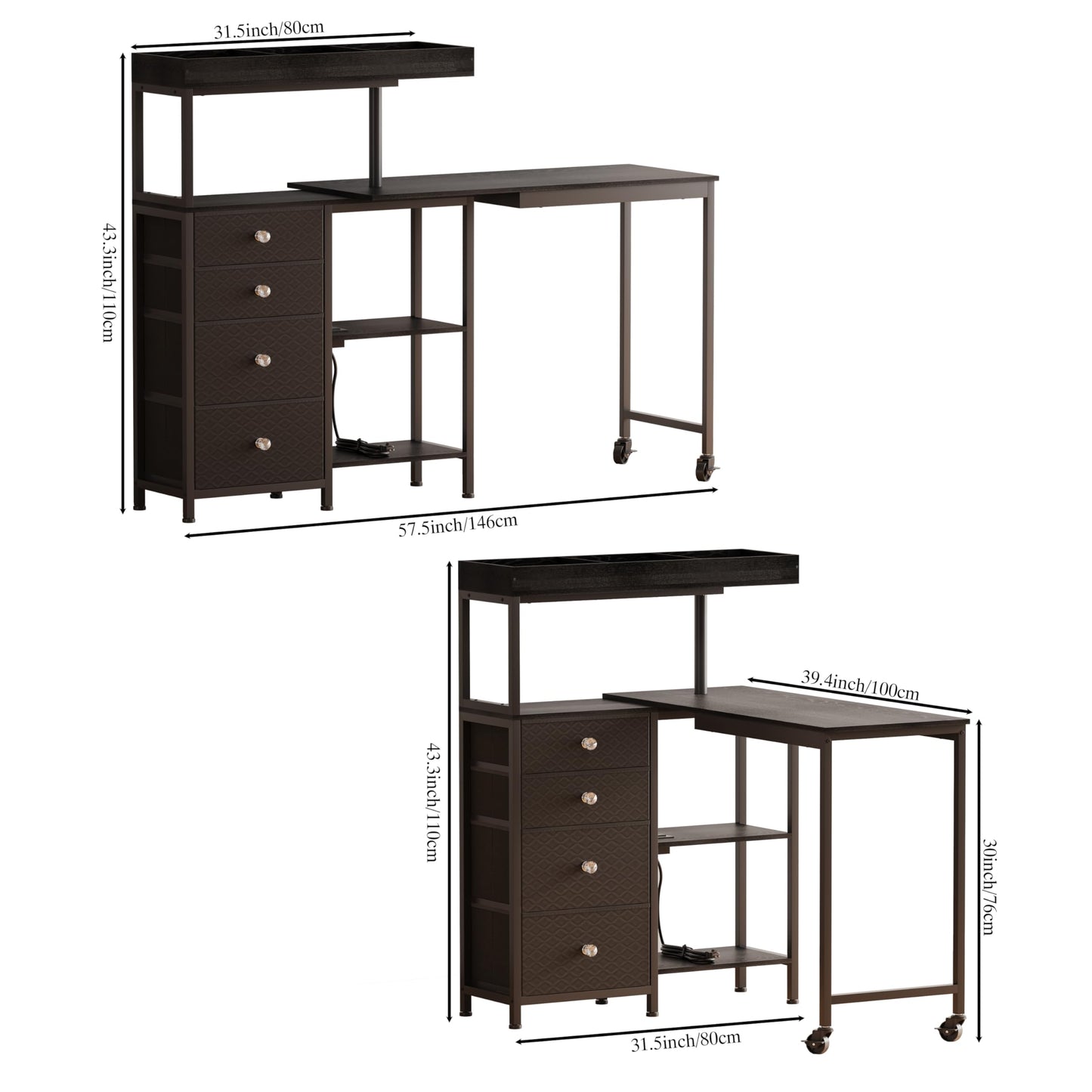 NinPeen L-Shaped Manicure Table with Drawers and Storage Shelves,Rotating Nail Workstation on Wheels with Charging Station,Nail Tablefor Nail Tech,Home,Makeup Beauty Salon (Black)