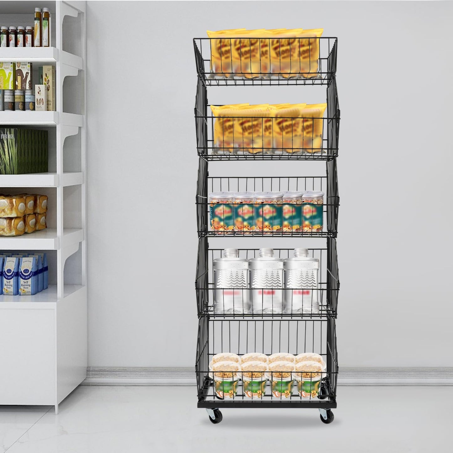 Retail Display Rack, 5-Tier Market Shelf with Wheels Metal Fruit Storage Shelf Vegetable Snack Basket Supermarket Retail Rack Display Stand for Supermarkets Stores Bars 18.9*17.72*55.12in Black