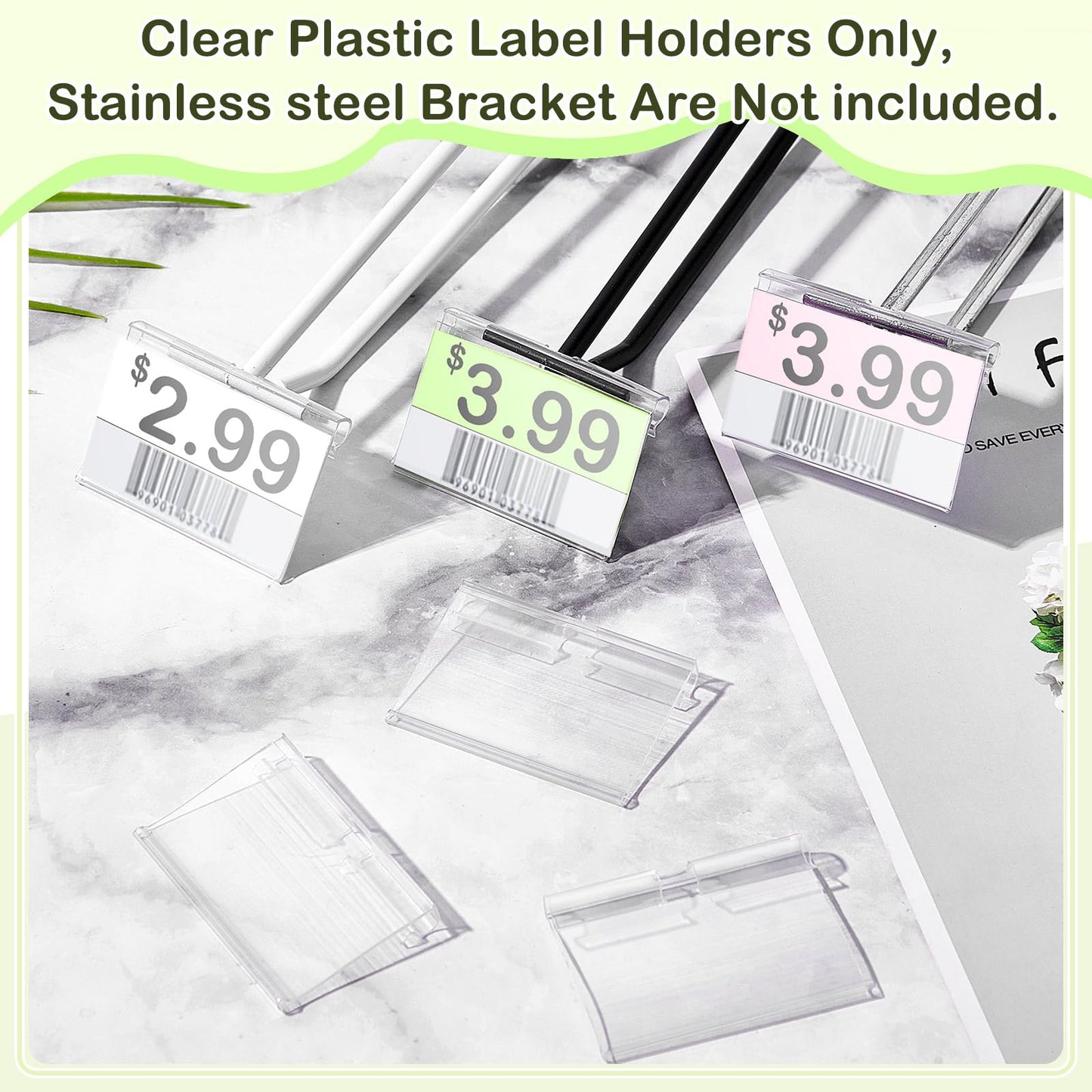 Tatuo 300 Pcs Reusable Plastic Wire Shelf Label Holders, Price Card Sign for Pantry Retail Supermarket Merchandise Shopping Mall Shop Ticket Display Holder Clip on Design, 2.36" L x 1.65" H (Clear)