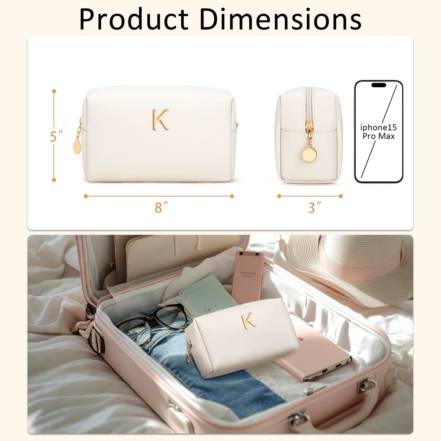 CLOUDWINGS Gifts for Women Bridesmaid Gifts Personalized Initial Makeup Bag PU Leather Cosmetic Waterproof Travel Toiletry Bag (Beige K)