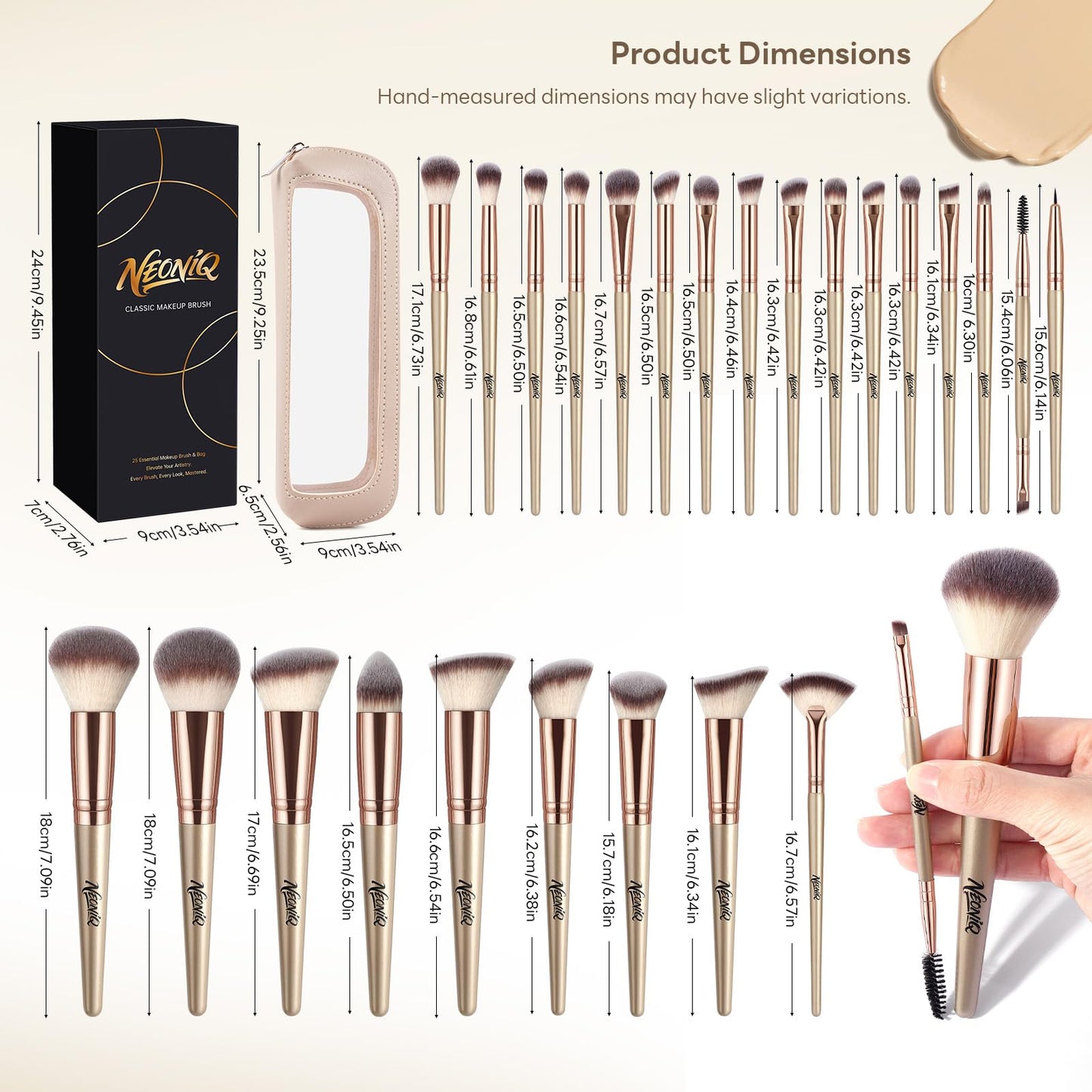 NEONIQ 25PCS Makeup Brushes Set with Travel Case, Professional Makeup Brush Kit for Foundation, Concealer, Powder, Eyeshadow & Blush, Essential Cosmetic Tools, Portable Travel Gift Set (Gold)