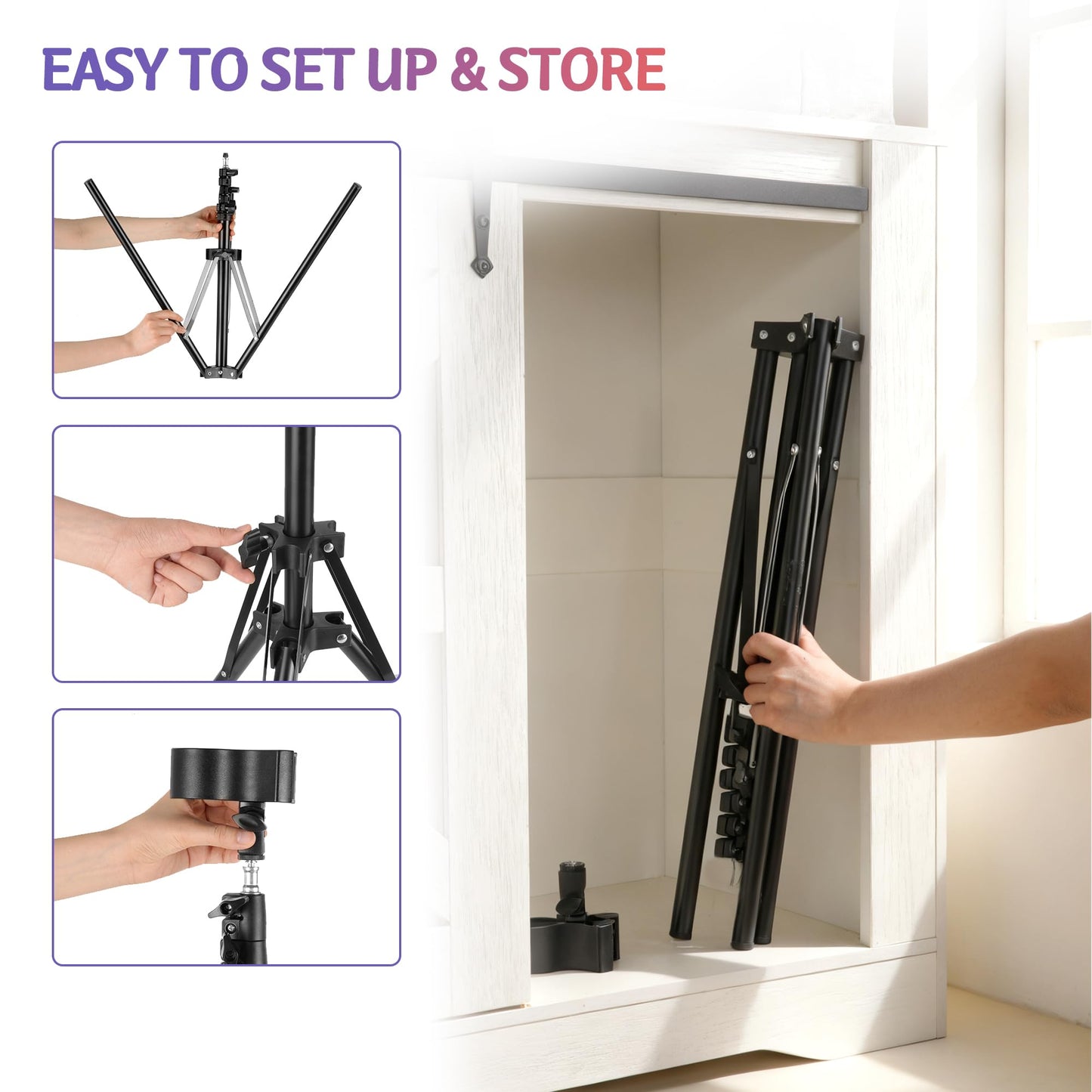 Hands-Free Hair Dryer Stand for Home Blow Drying, DIY Styling, Salon&Live Streaming Ideal for Long Hair Women Busy Moms People with Arm Shoulder Pain 30-62 Inch Adjustable Height Tripod, 360° Rotation
