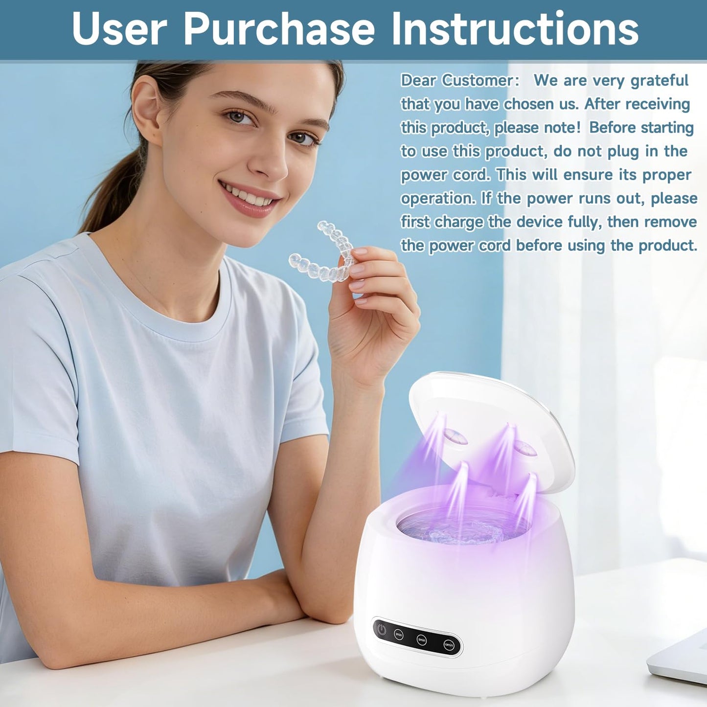 Ultrasonic Retainer Cleaner 48kHz Ultrasonic Cleaner Dental Ultrasonic Retainer Cleaner Machine Dental Cleaning Pod for Denture with Digital Timer, Dual Cleaning Mode for All Dental Appliances (White)