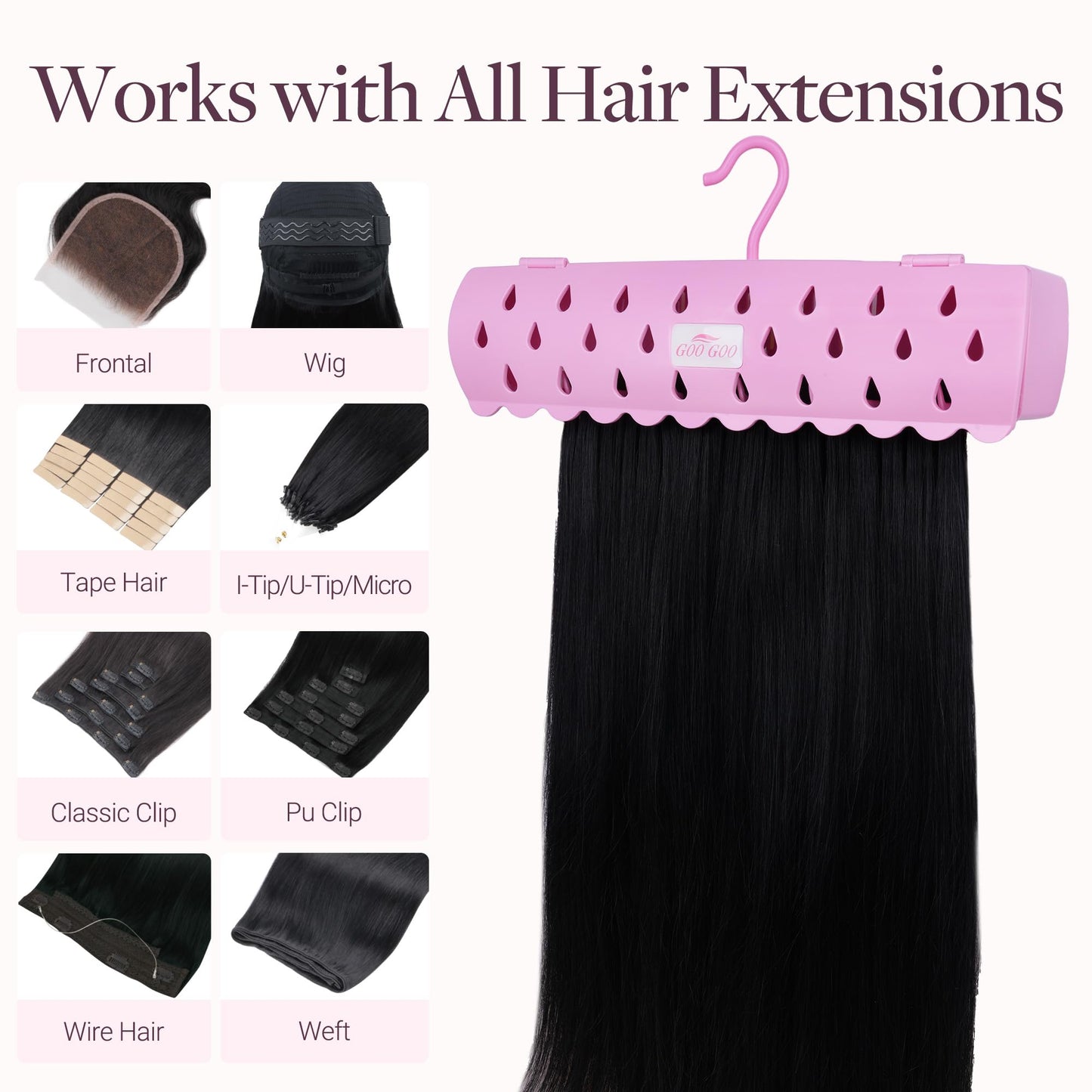 GOOGOO Hair Extension Holder Stand for Styling, 5 Installation Modes With Tool, Pink Hair Extension Holder Designed to Securely Hold Your Extensions for Washing, Styling, Packing and Storing