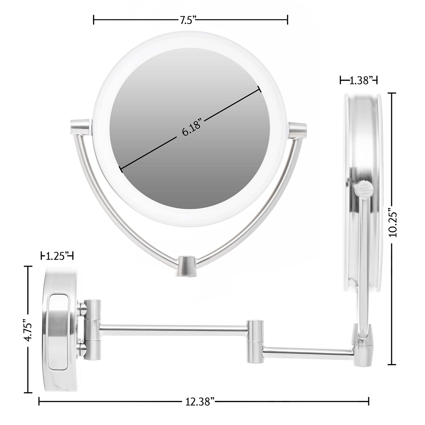 Ovente 7.5" Lighted Wall Mount Makeup Mirror, 1X & 10X Magnifier, Spinning Double Sided Round LED w/ Dimmer Switch, Extend, Retractable & Folding Arm, Battery USB Powered Nickel Brushed MLW75BR1X10X