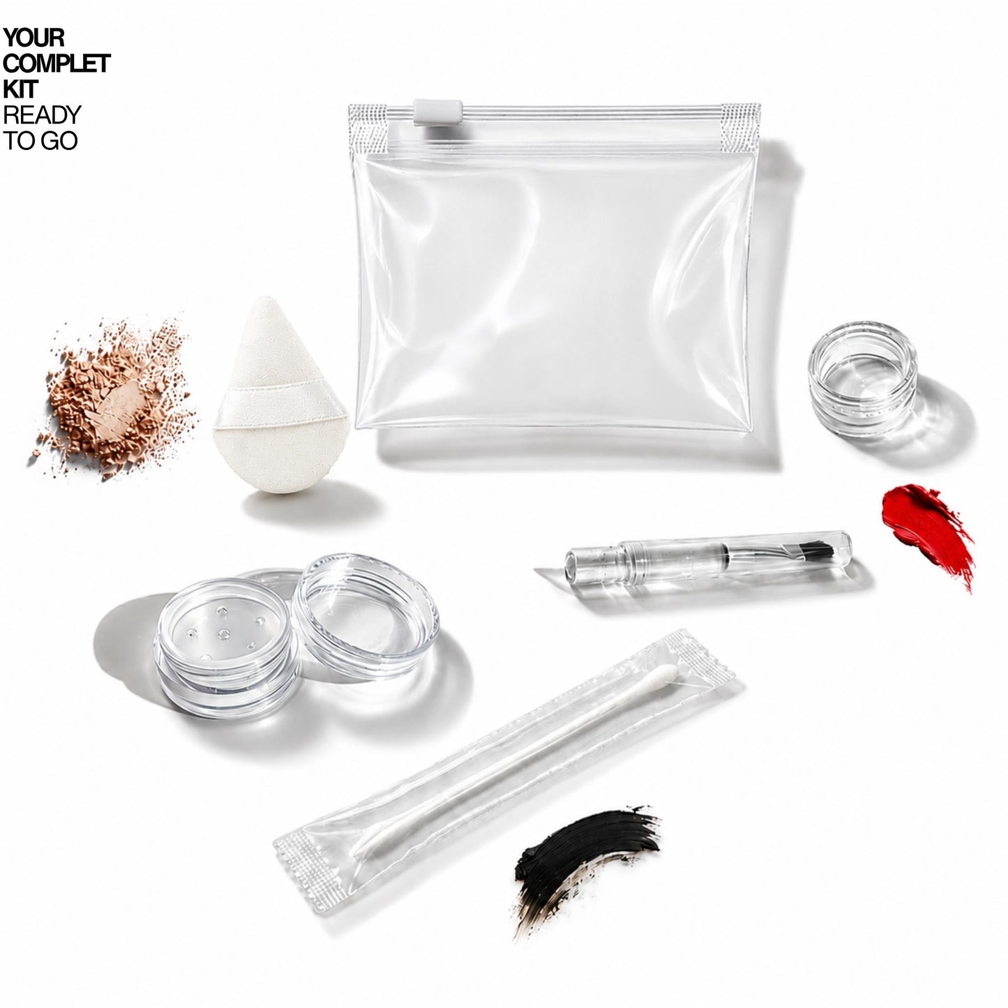 OR KO Makeup Touch-Up Travel Kit, 10-Piece Beauty Organizer with Refillable Cosmetic Jars, Applicators & Clear Zipper Bags for Makeup, Skincare & On-the-Go Essentials