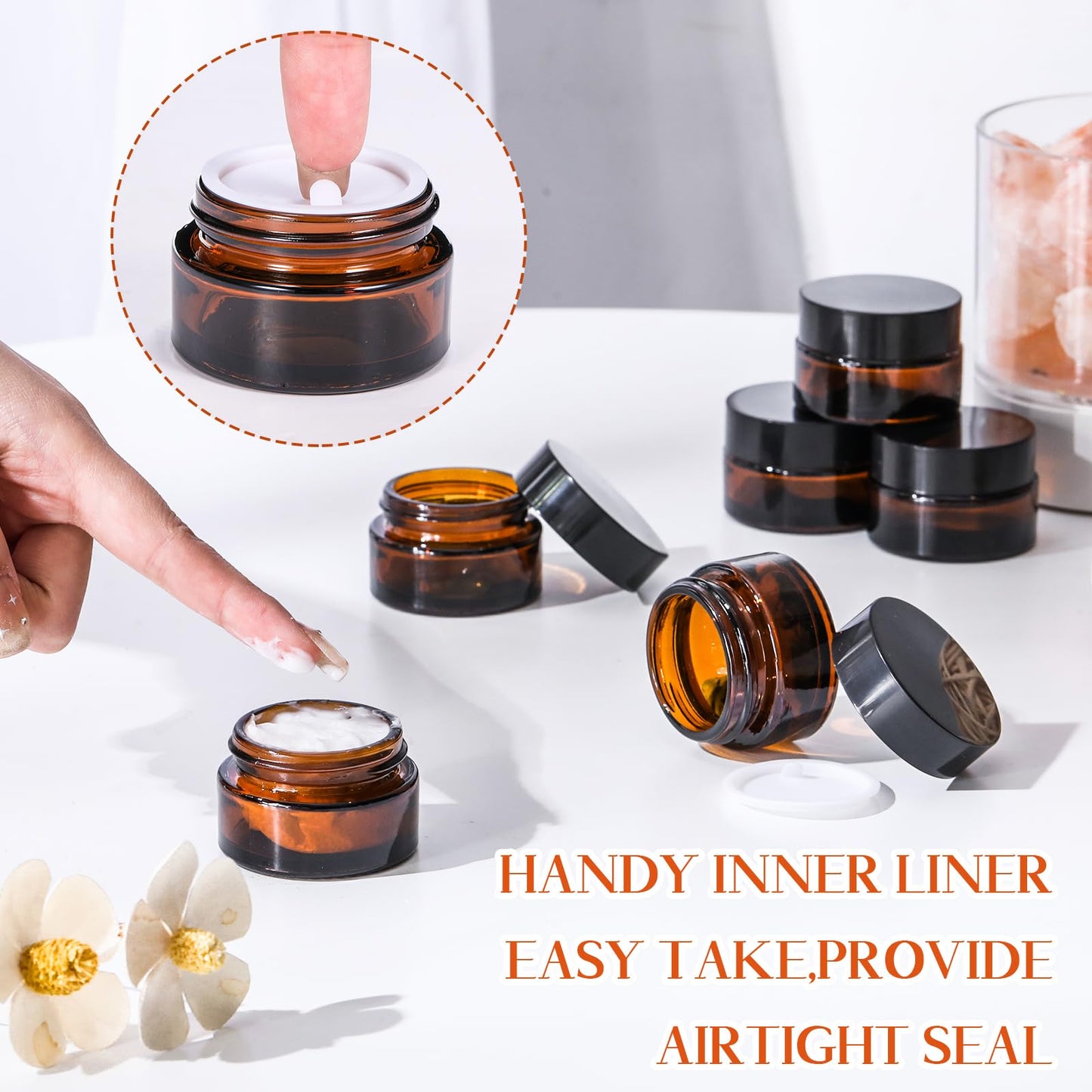 Domensi 60 Pcs 1oz Glass Jars with Lids Bulk Small Glass Salve Tins Cream Container Cosmetic Jars for Travel Balm with Inner Liners for Sample Cream (Amber,Black Lid,Plastic Lid)