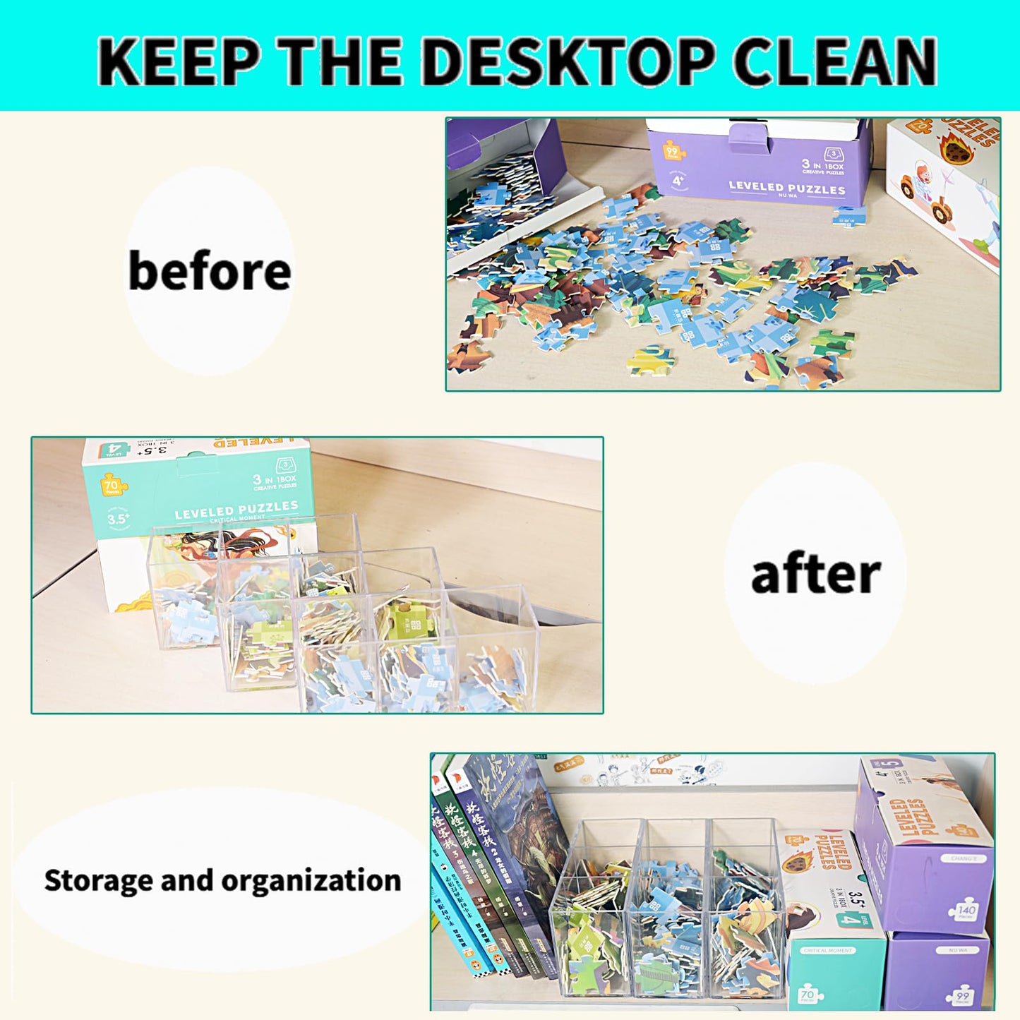 eastbao 4 Pcs Clear Pen Holder for desk cute office supplies,Stationery and makeup brush organizer,Clear Desktop Pencil Cup with 3 Compartments