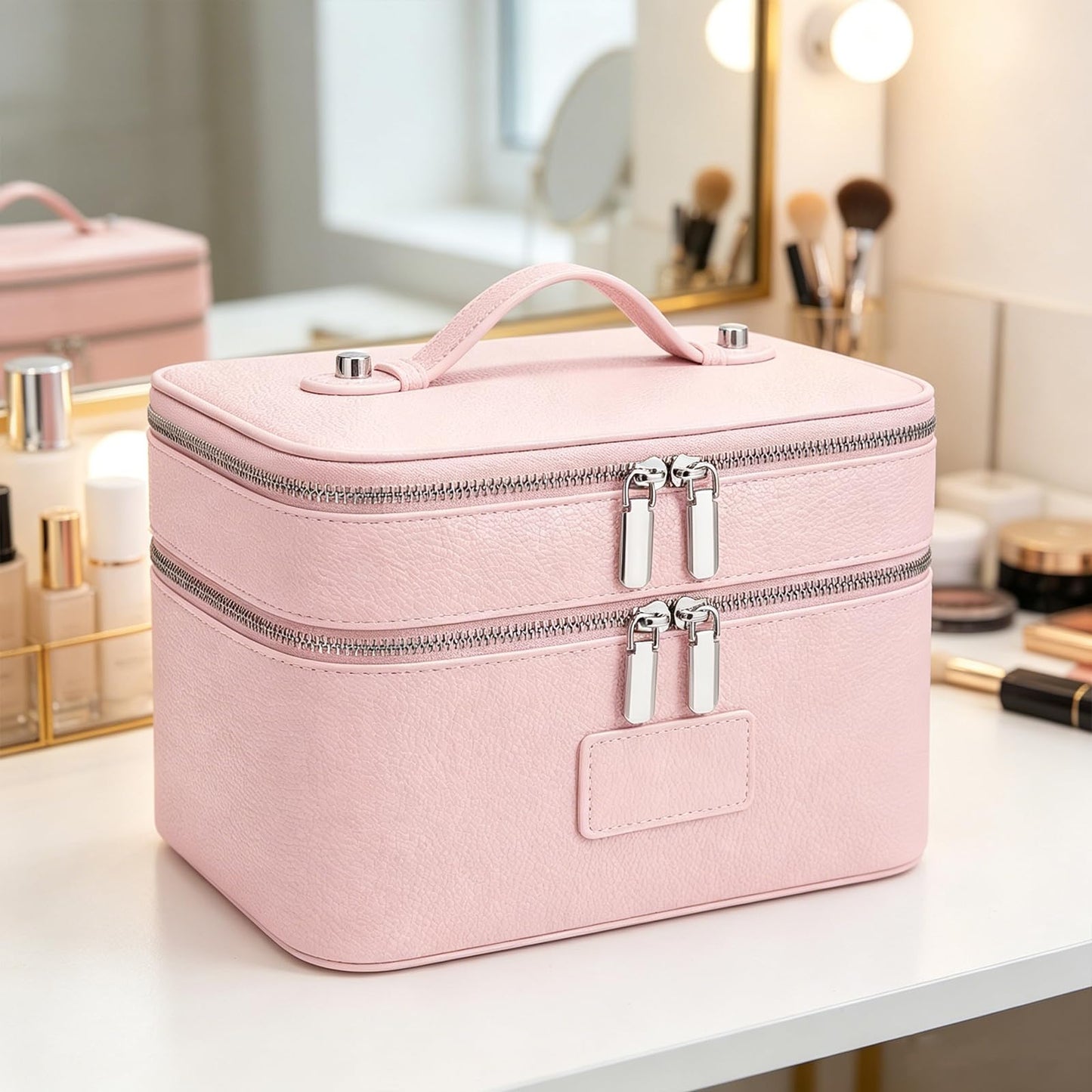 idoltimes Makeup Case,Leather Double Layer Makeup Bag Duo,Large Portable Travel Toiletry Case Cosmetic Organizer for Women