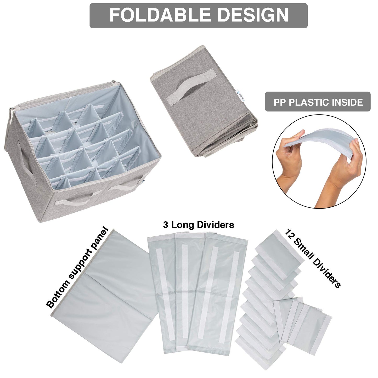 Moteph Shoe Organizer Closet Storage Solution with Clear Cover & Adjustable Dividers for Shoes, Handbags, Blankets, Linen, Clothing (Medium - 16 Pairs, Grey)
