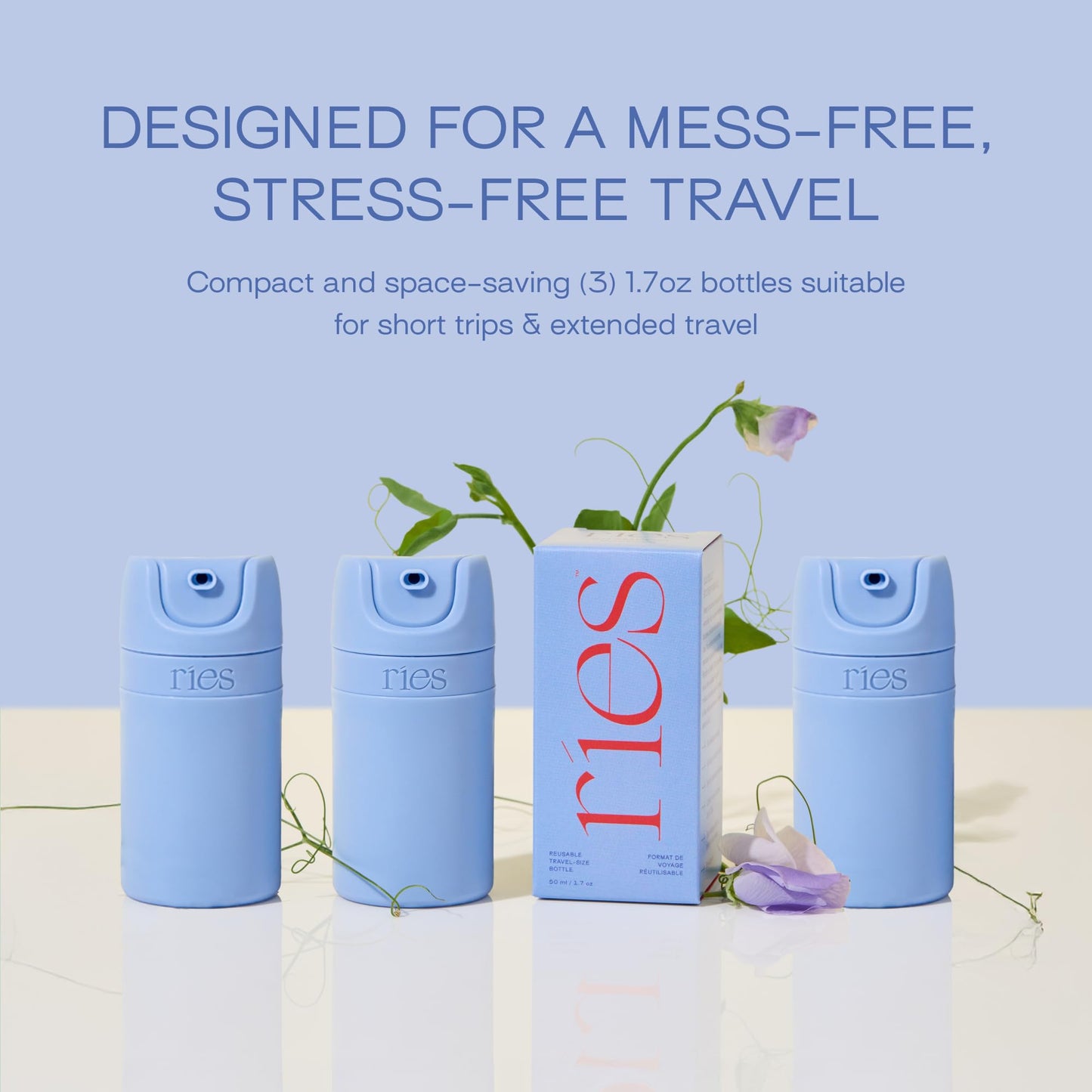 RIES Airless Pump Travel Bottles | Set of 3 Tsa Approved Leak Proof Containers | 1.7 oz BPA Free Refillable Travel Size Bottles | Runway Blue