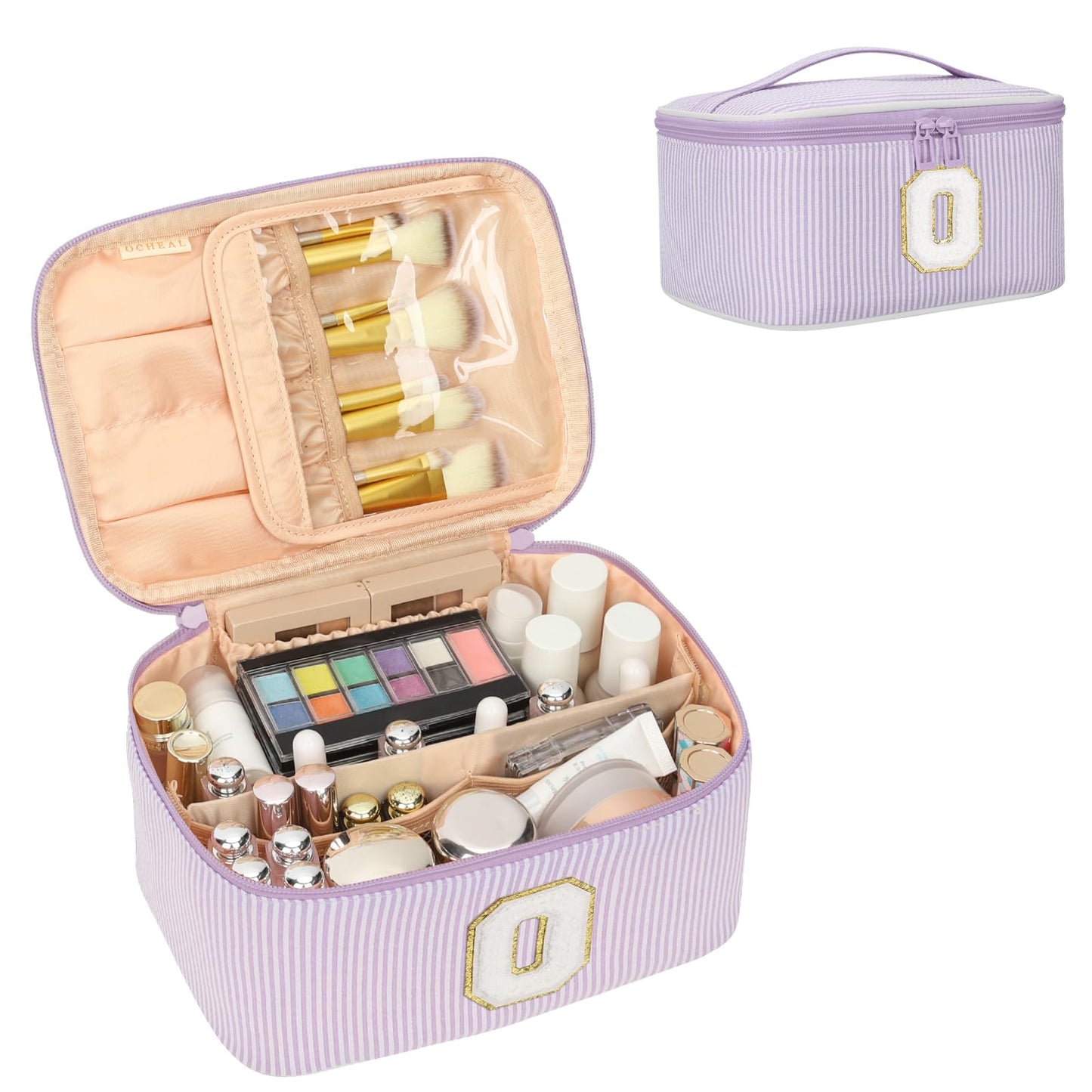 OCHEAL Makeup Bag for Women, Monogram Cosmetic Bag Purple Travel Makeup Case Beauty Toiletry Bag Organizer Personalized Gifts for Girls Bridesmaid, Sister, Wife, Friends Initial O
