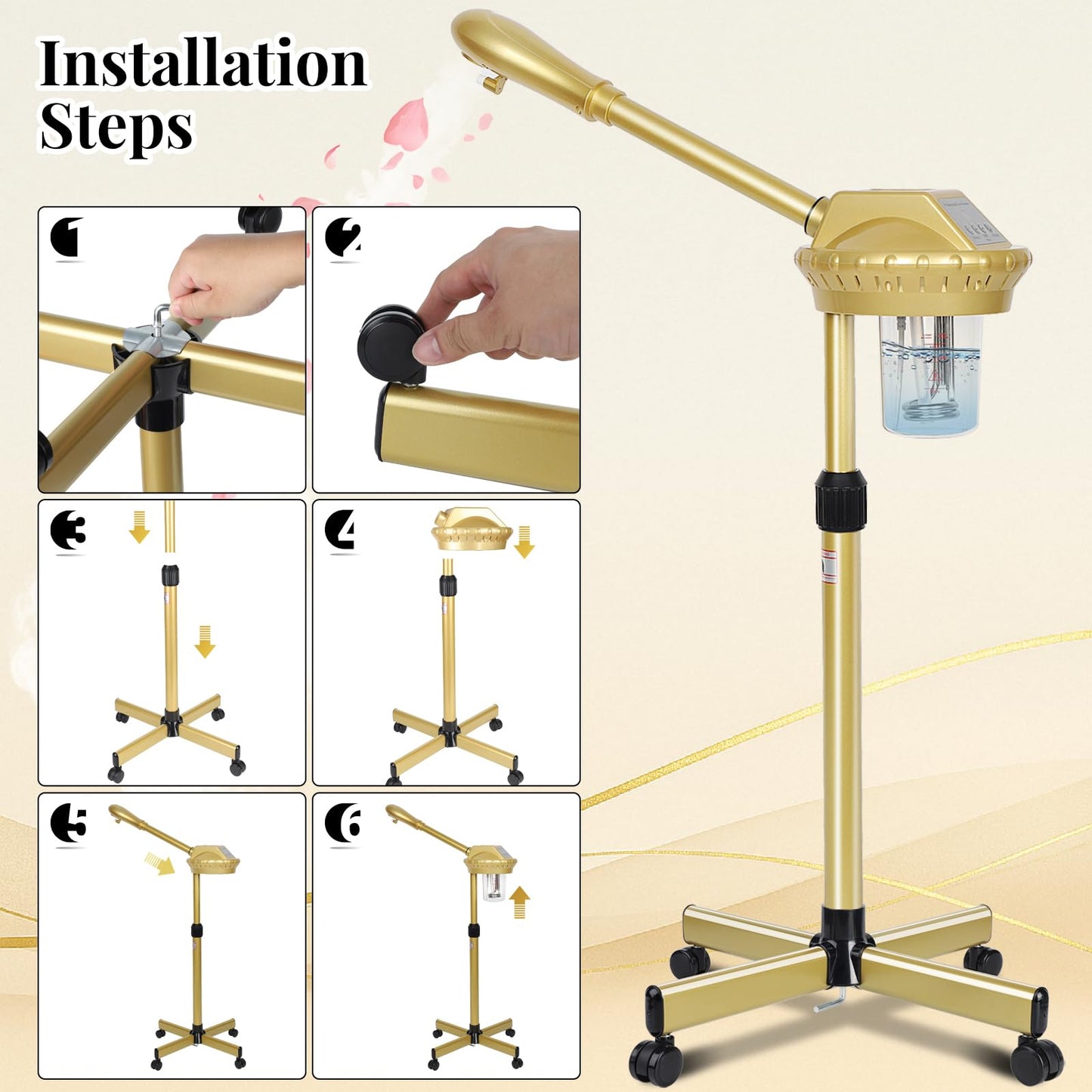 Facial Steamer Professional with More Steam for Deep Cleansing and Hydration, Estheticians Steamer on Wheels with Time Setting, Face Steamer Adjustable Height for Beauty, Spa and Home Use(Golden)