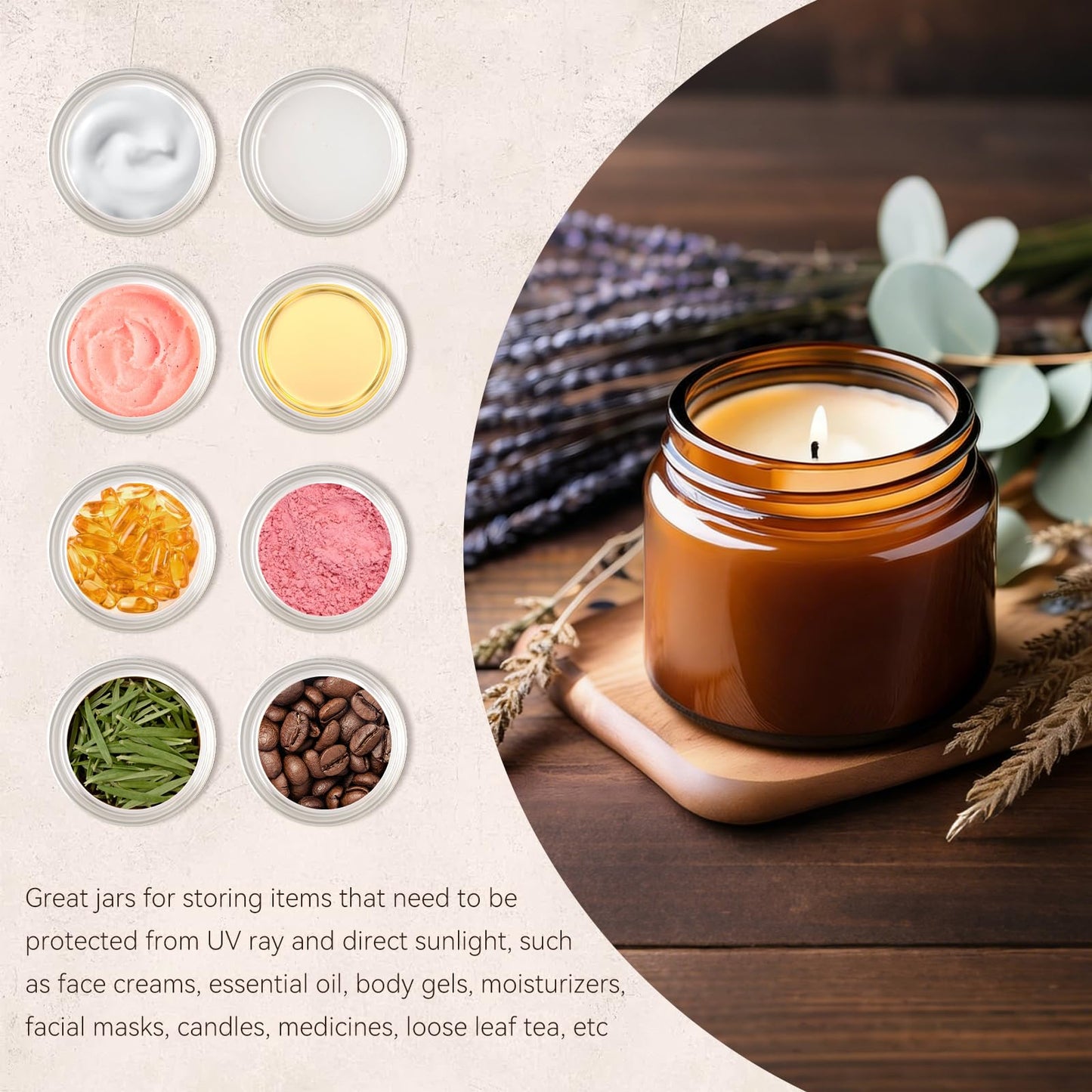 Qeirudu 2 Oz Small Glass Jars with Lids, 12 Pack Airtight Amber Cosmetic Jars with Inner Liners Round Empty Travel Sample Containers for Lotions, Creams, Candles, Body Butters