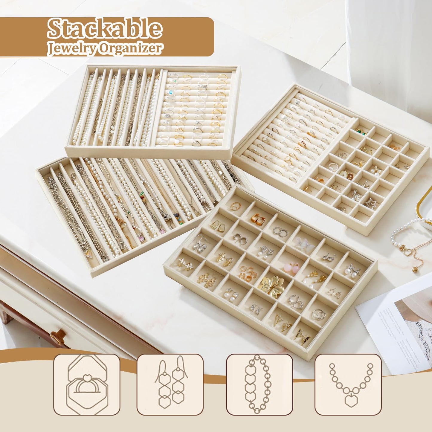 KATISYIO Large Jewelry Drawer Organizer Trays Set of 4, Stackable Velvet Jewelry Trays Organizer Holder Display Storage Showcase for Earring Necklace Bracelet Ring Accessary (Beige, R1+R2+16+24 Grids)