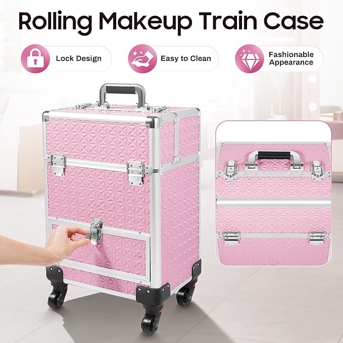 Rolling Makeup Train Case,Multi-functional Cosmetic Trolley with 360° Swivel Wheels Keys,Salon Barber Case Traveling Cart for Nail Technicians Hairstylist (Pink)